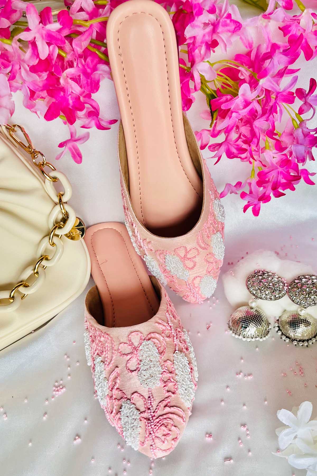 Pink Embroidered Flat Mules