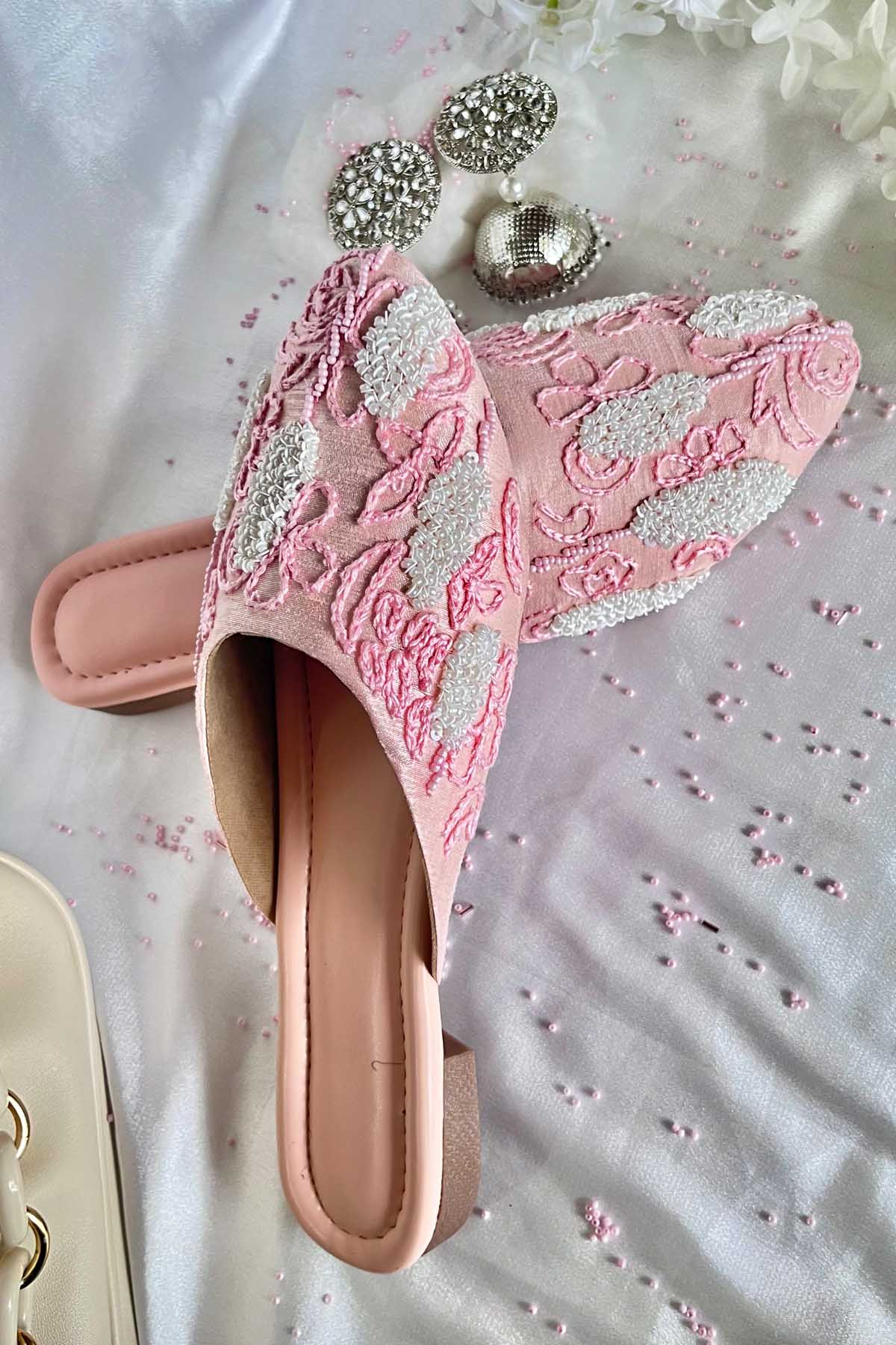 Pink Embroidered Flat Mules