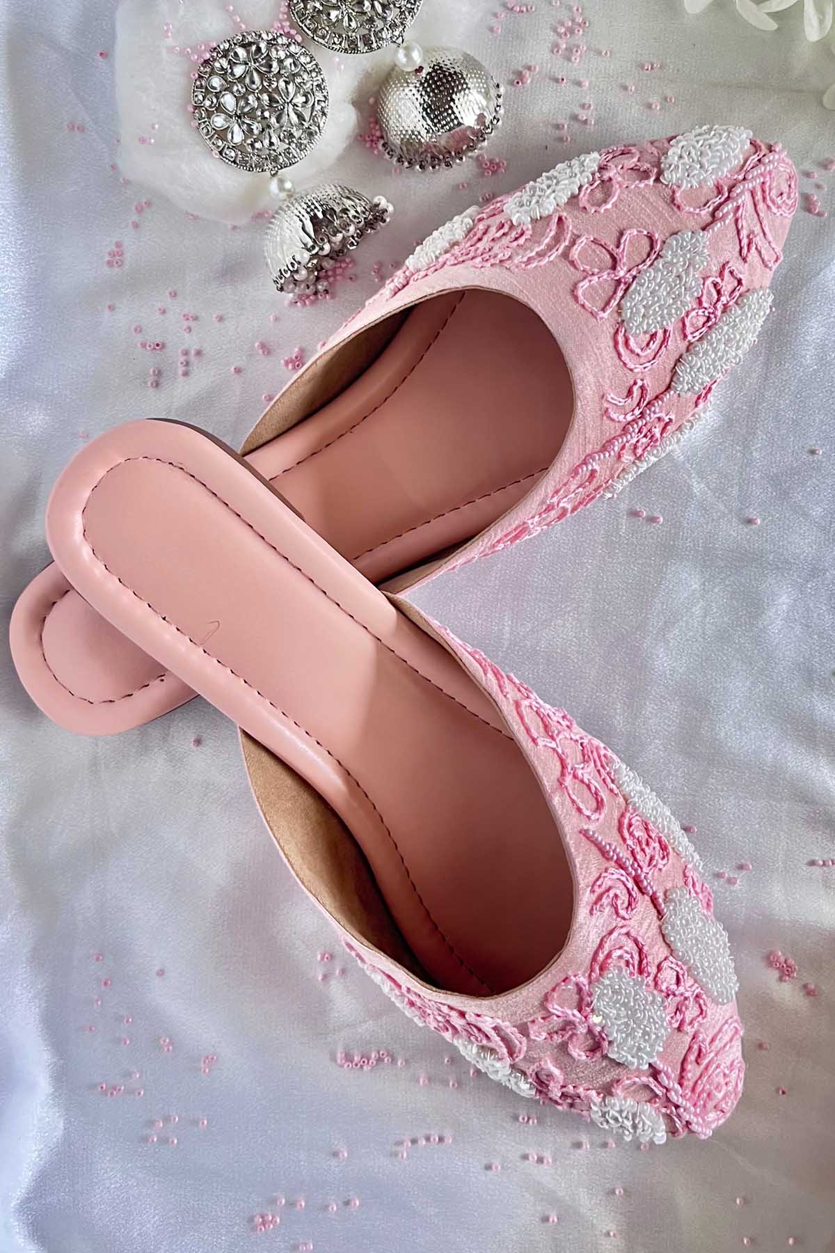 Pink Embroidered Flat Mules
