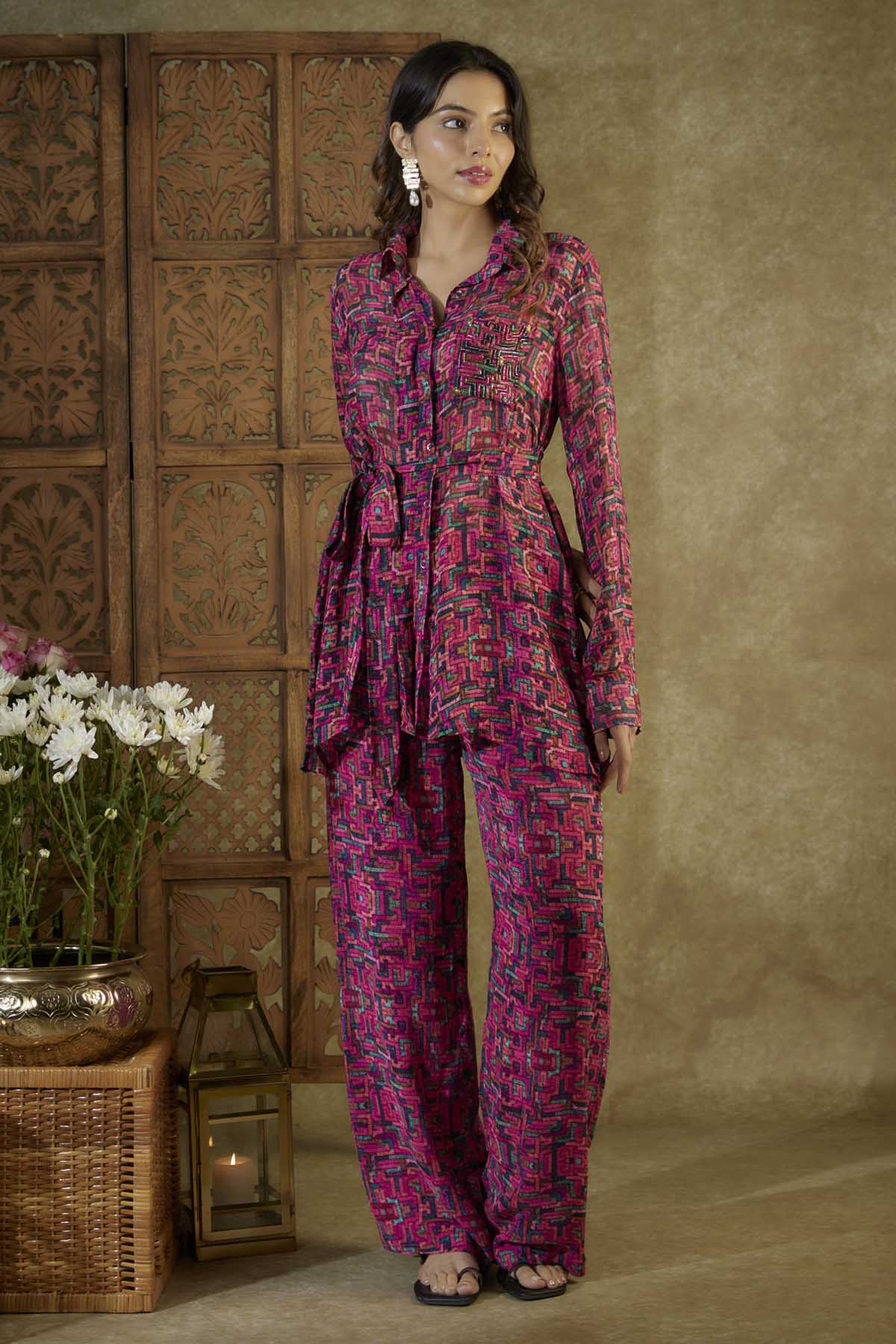 Pink Embroidered Printed Co-ord Set