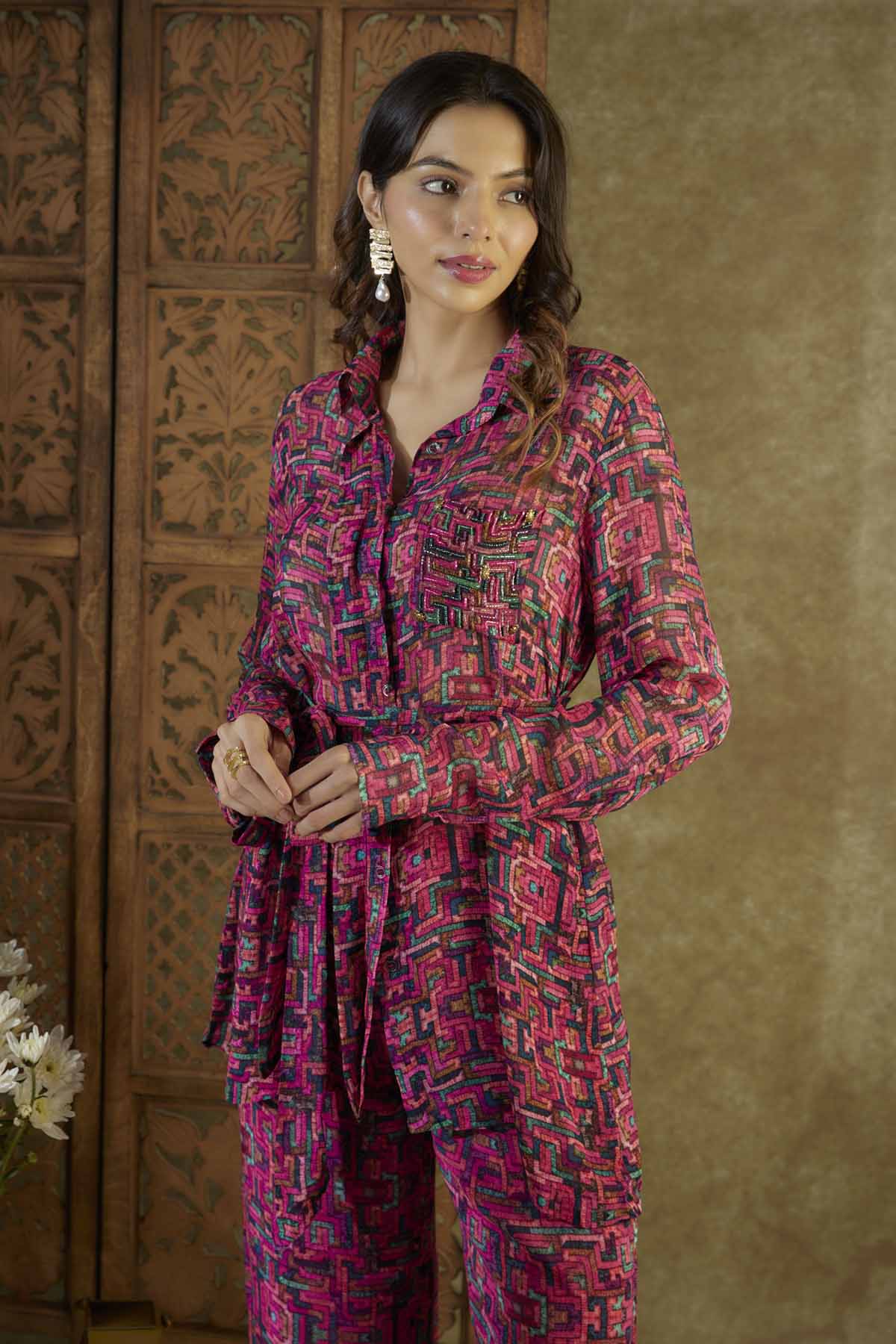 Pink Embroidered Printed Co-ord Set