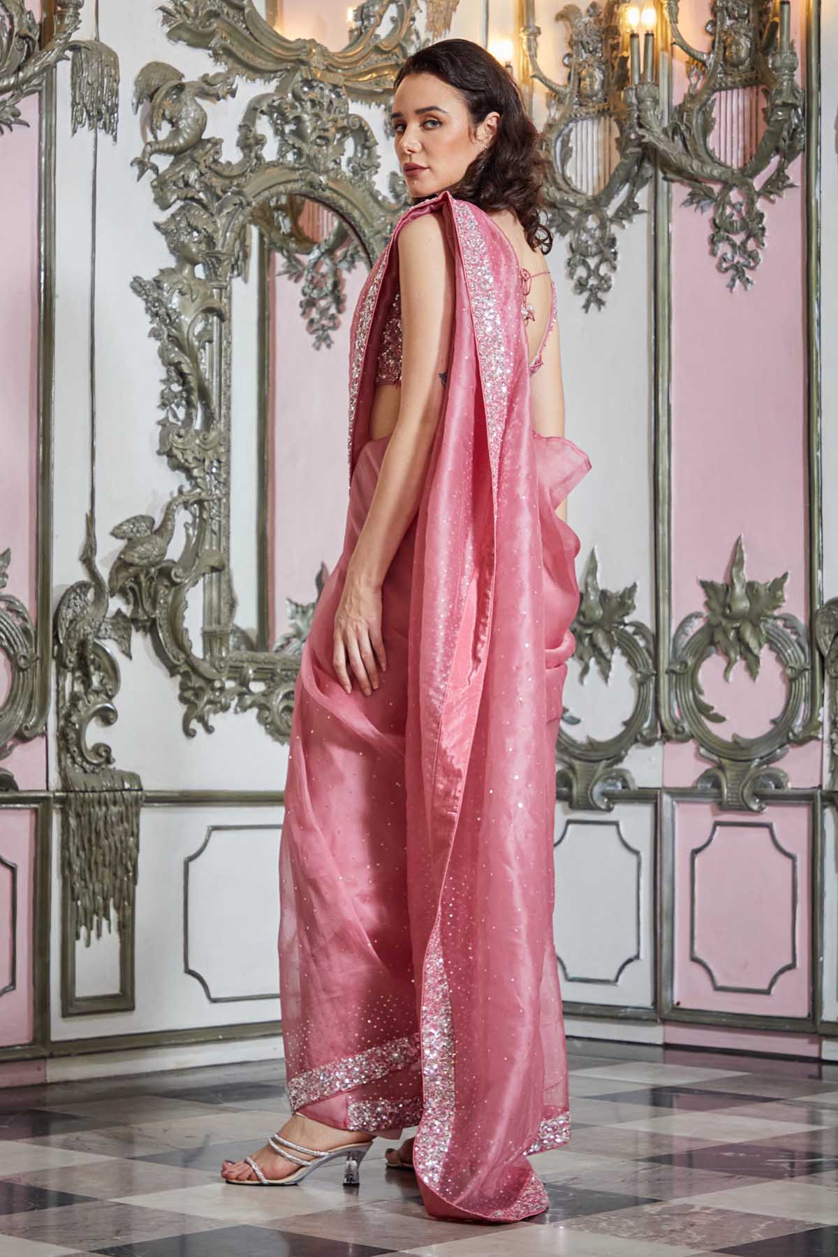 Pink Organza Saree Set