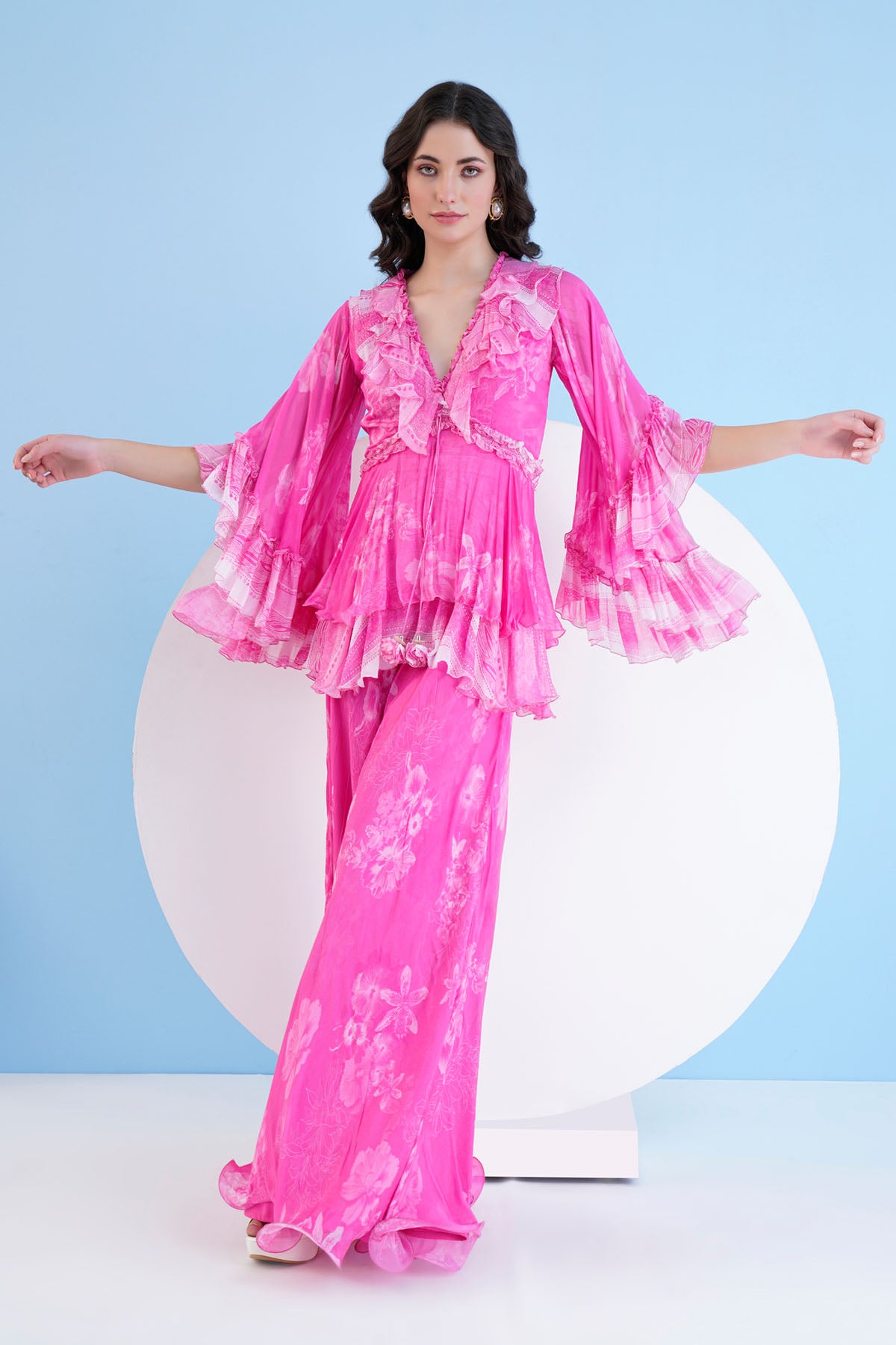 Pink Flared Chiffon Jumpsuit