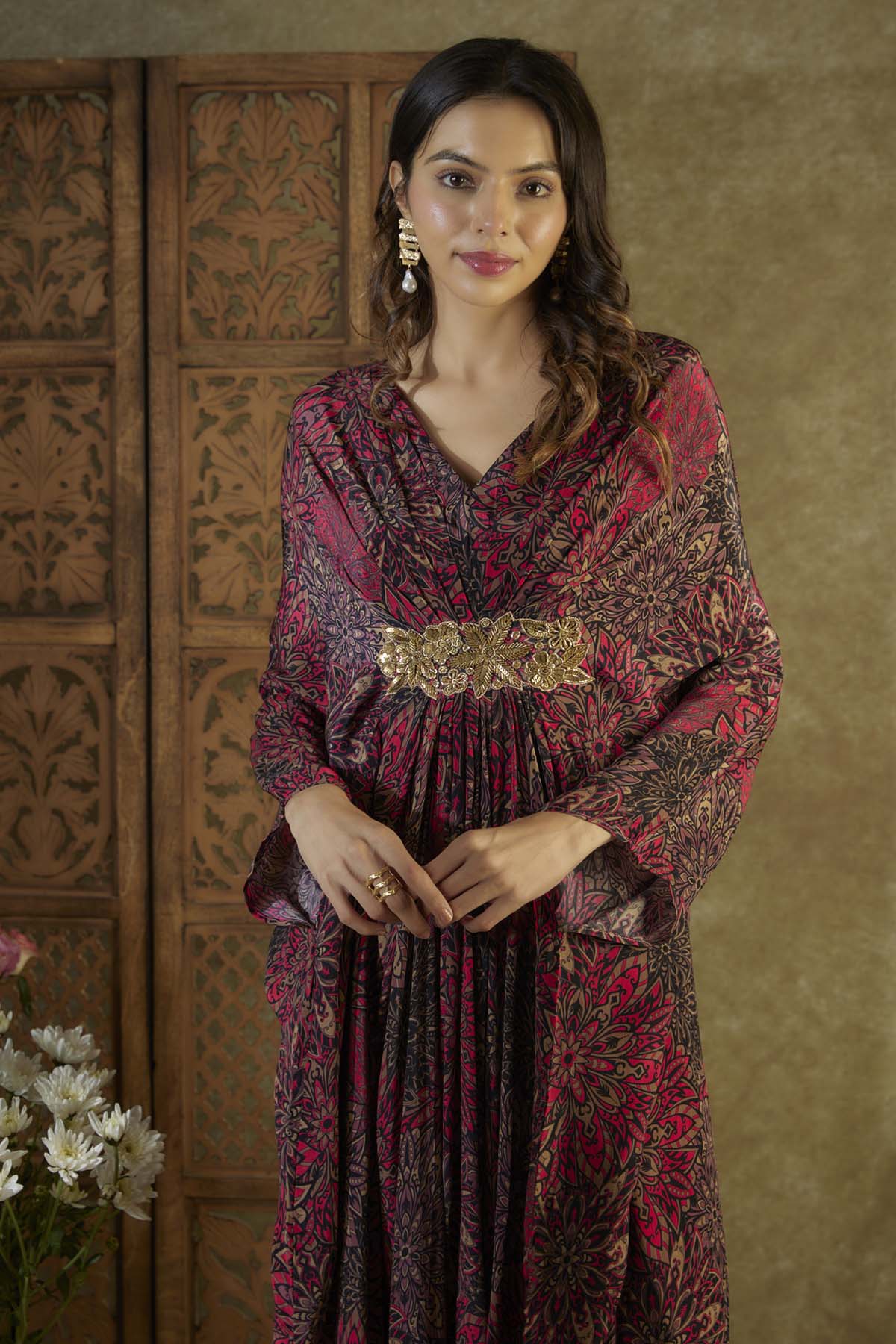 Rose Pink Floral Embroidered Kaftan