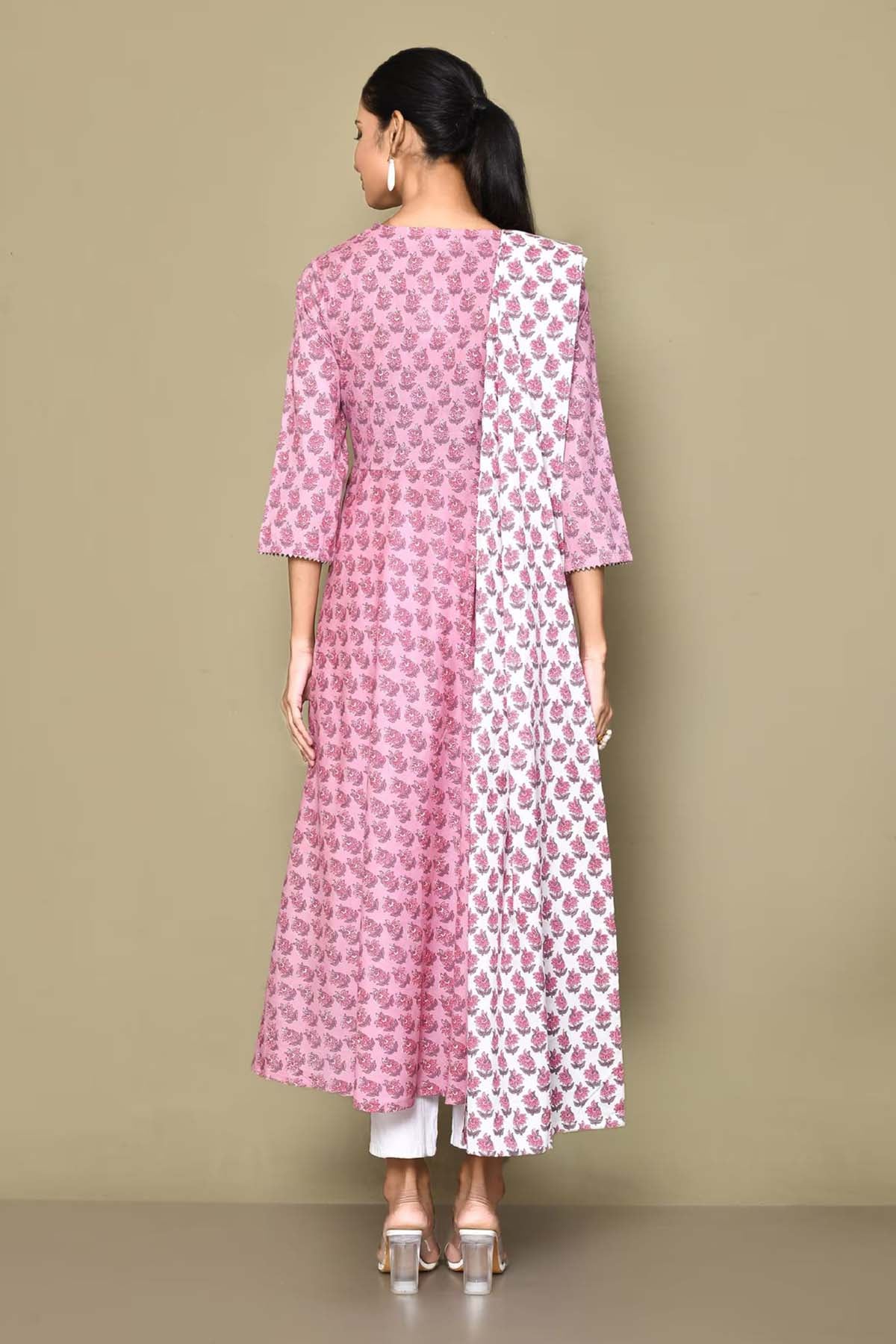 Pink Floral Print Kurta & Dupatta