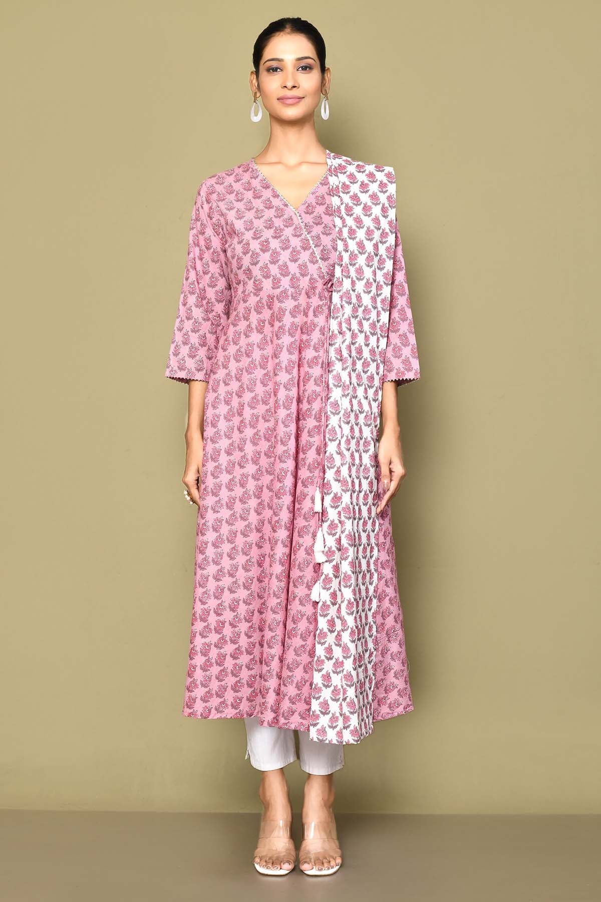 Pink Floral Print Kurta & Dupatta