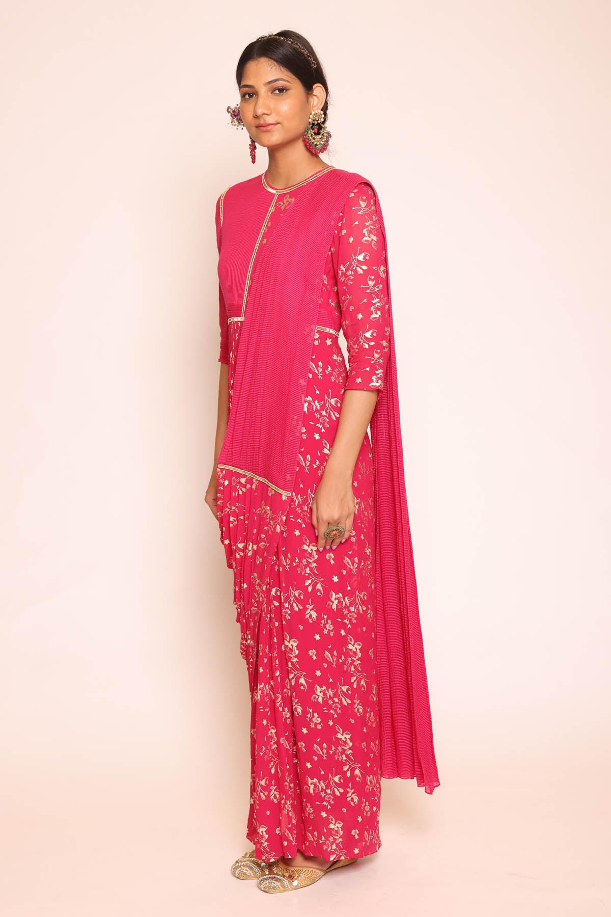 Pink Foil Print Pre Drape Saree