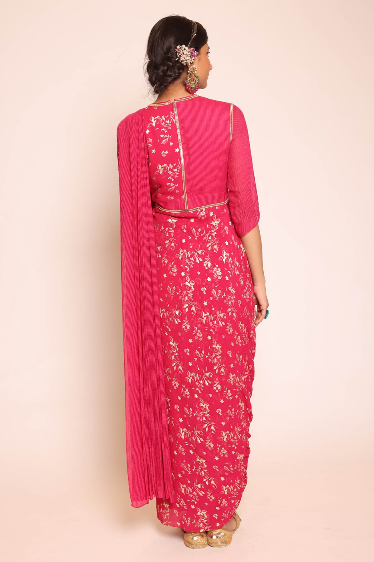 Pink Foil Print Pre Drape Saree