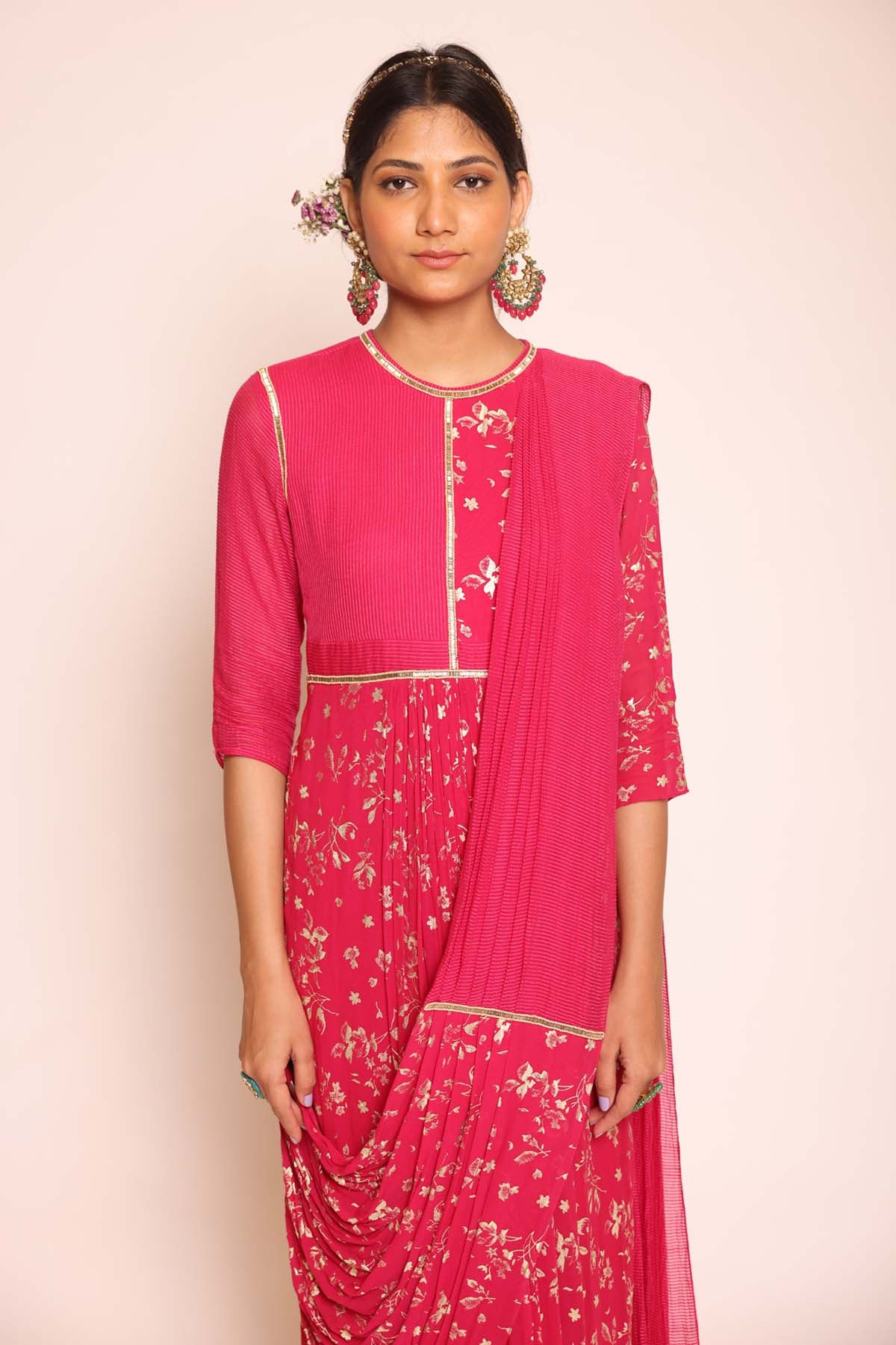 Pink Foil Print Pre Drape Saree