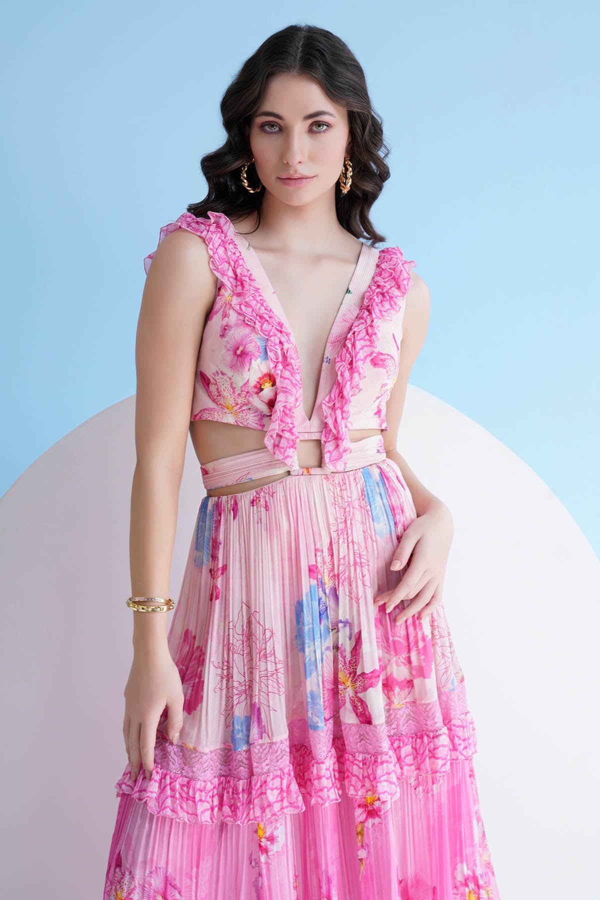 Pink Frill Chiffon Long Dress