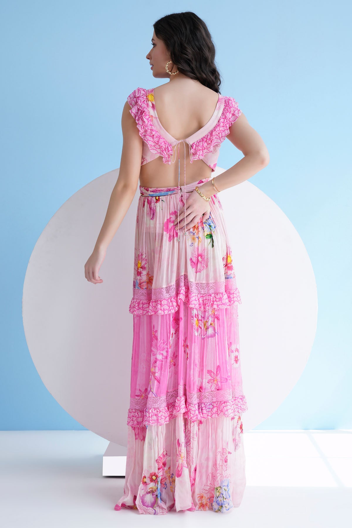 Pink Frill Chiffon Long Dress