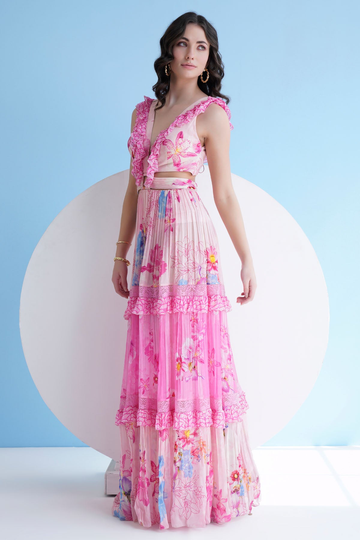 Pink Frill Chiffon Long Dress