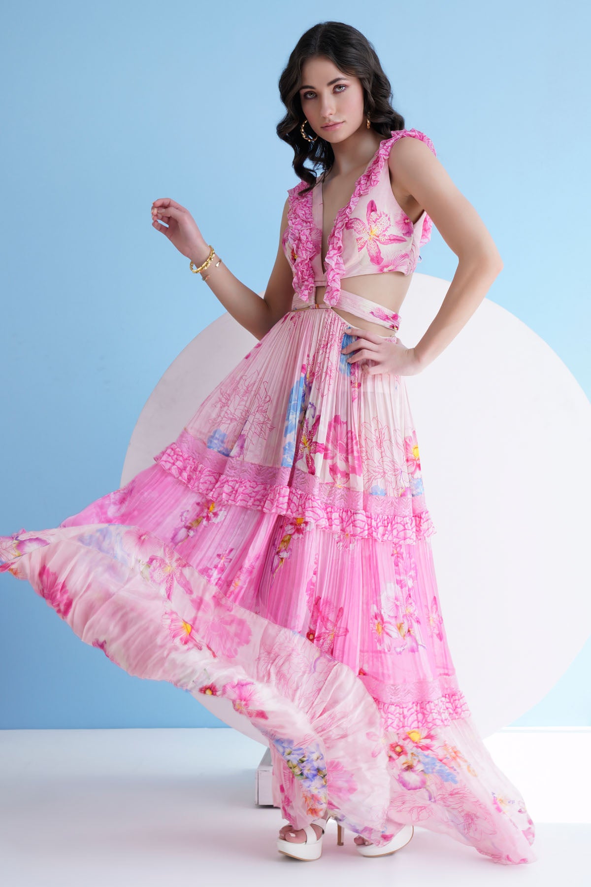 Pink Frill Chiffon Long Dress