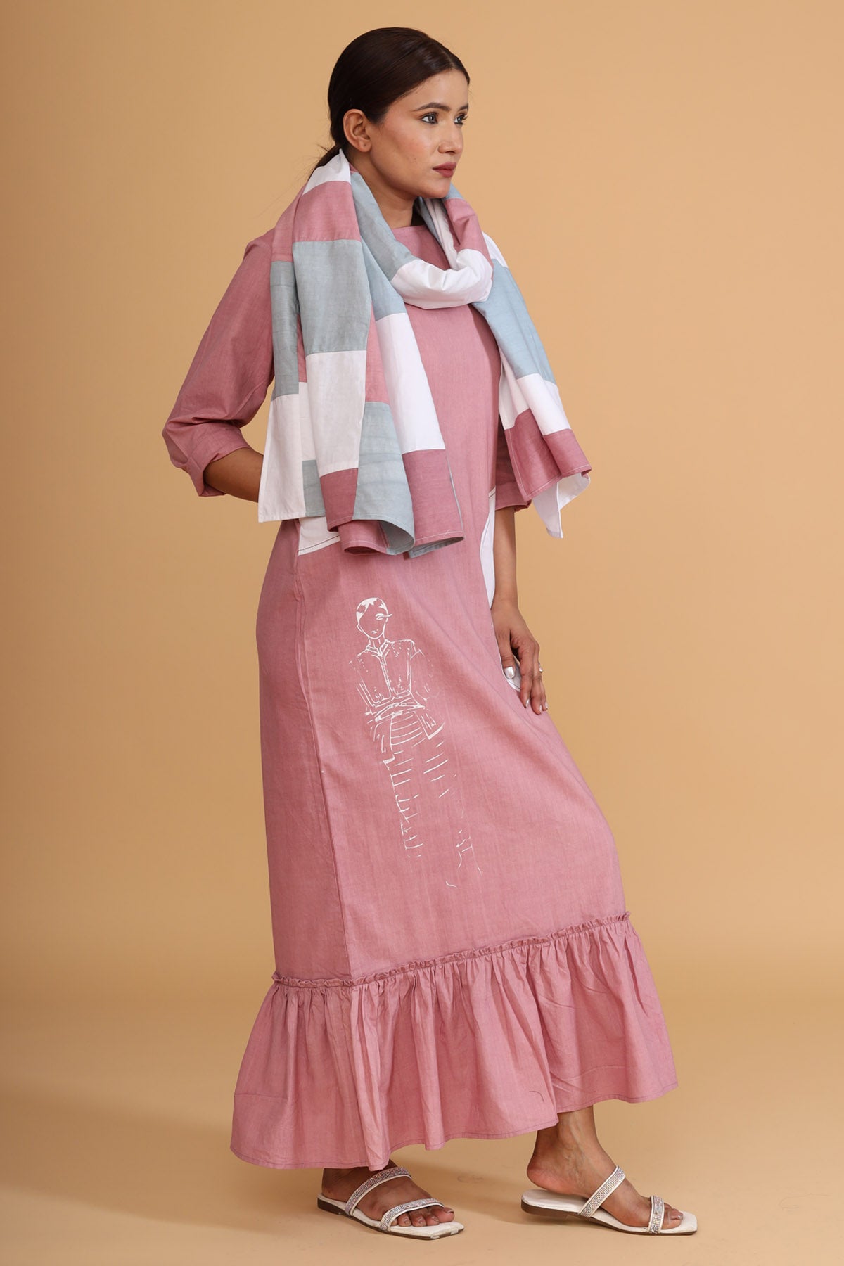 Pink Frill Painted Dress & Scarf