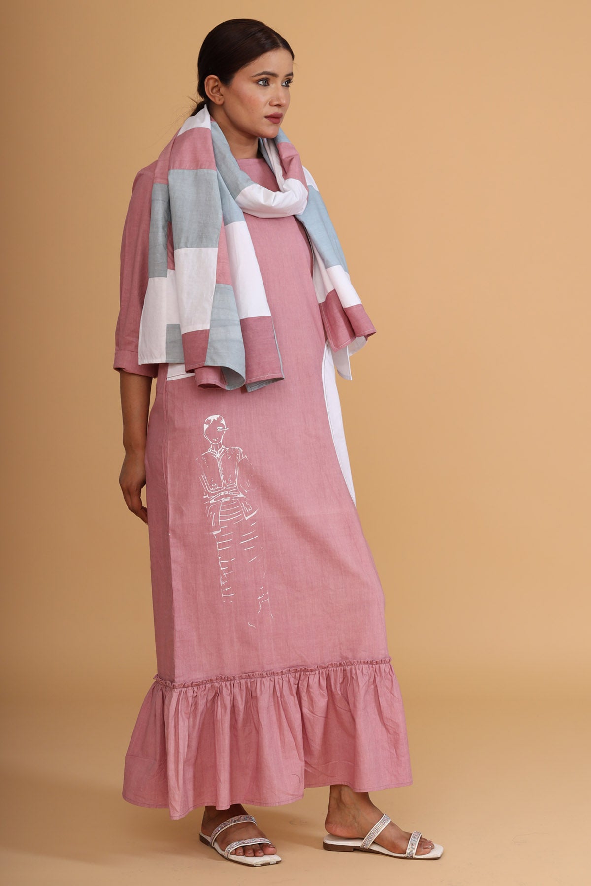 Pink Frill Painted Dress & Scarf