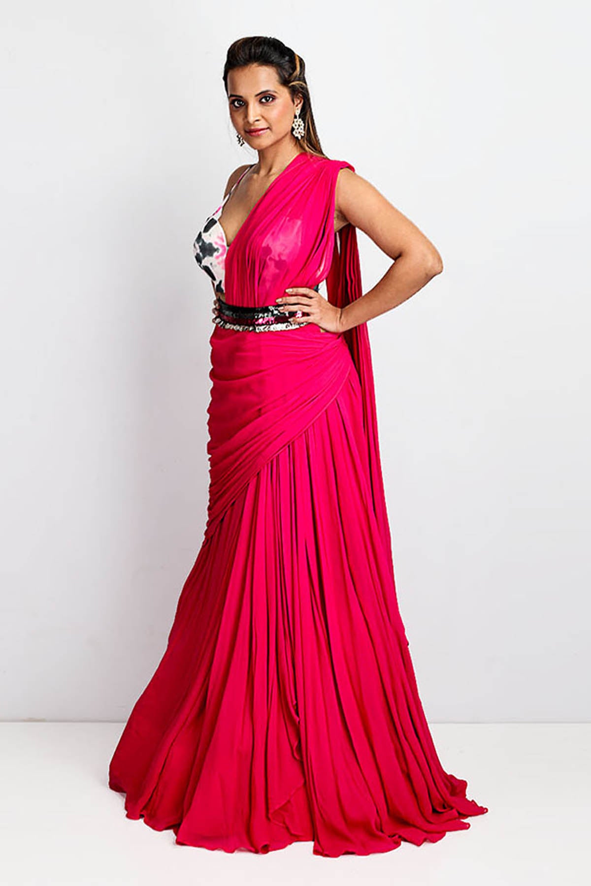 Pink Georgette Drape Saree Set