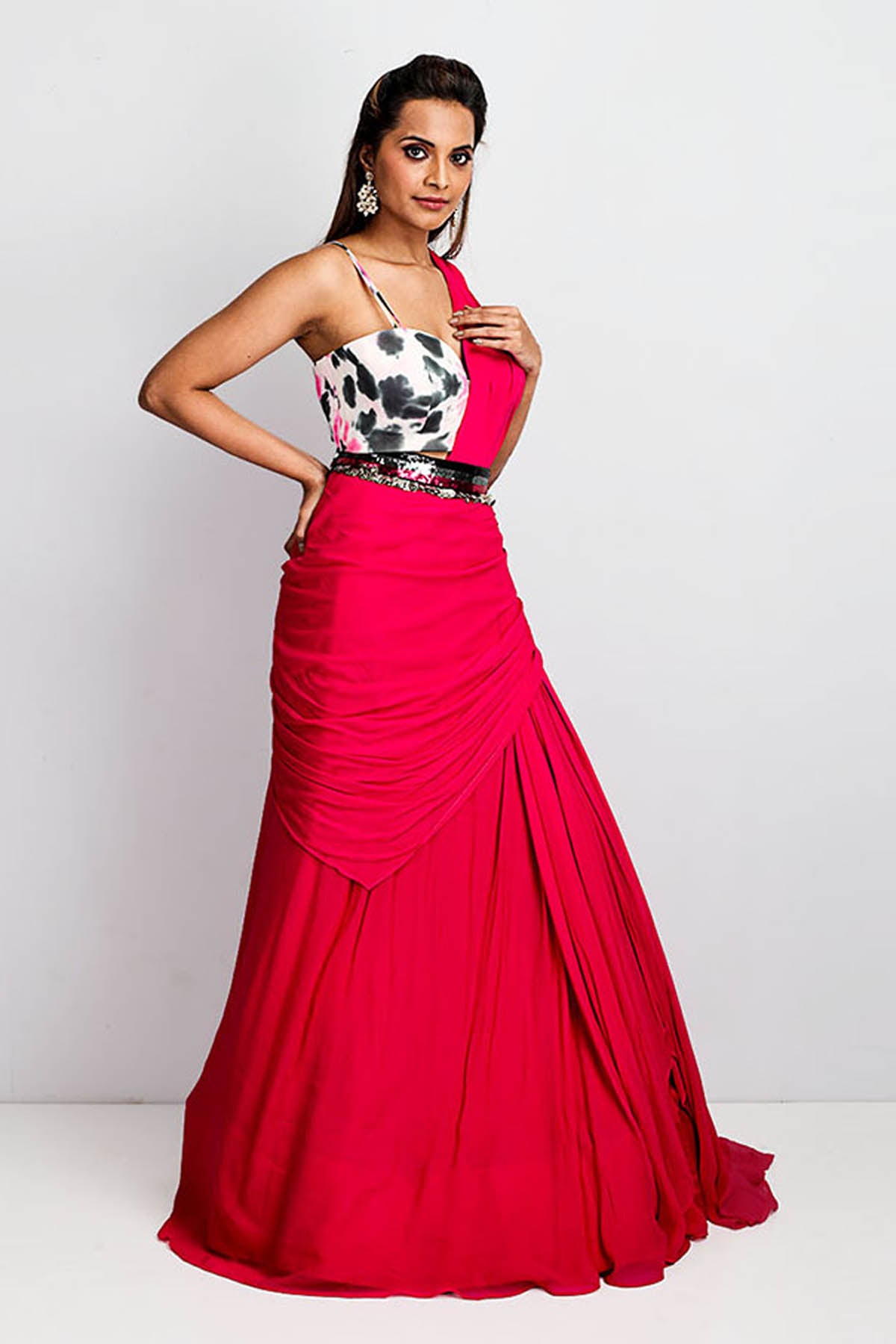 Pink Georgette Drape Saree Set