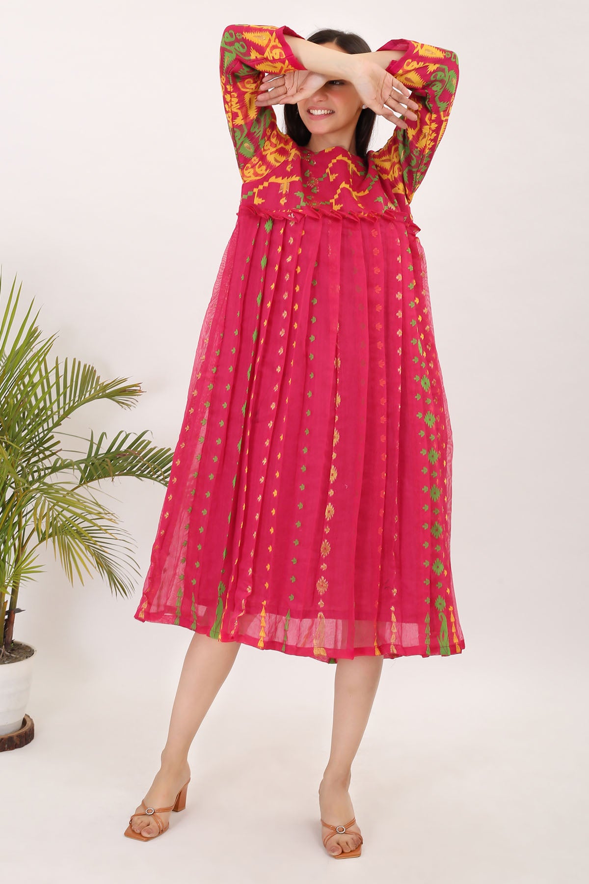 Pink Jamdani Cotton Dress