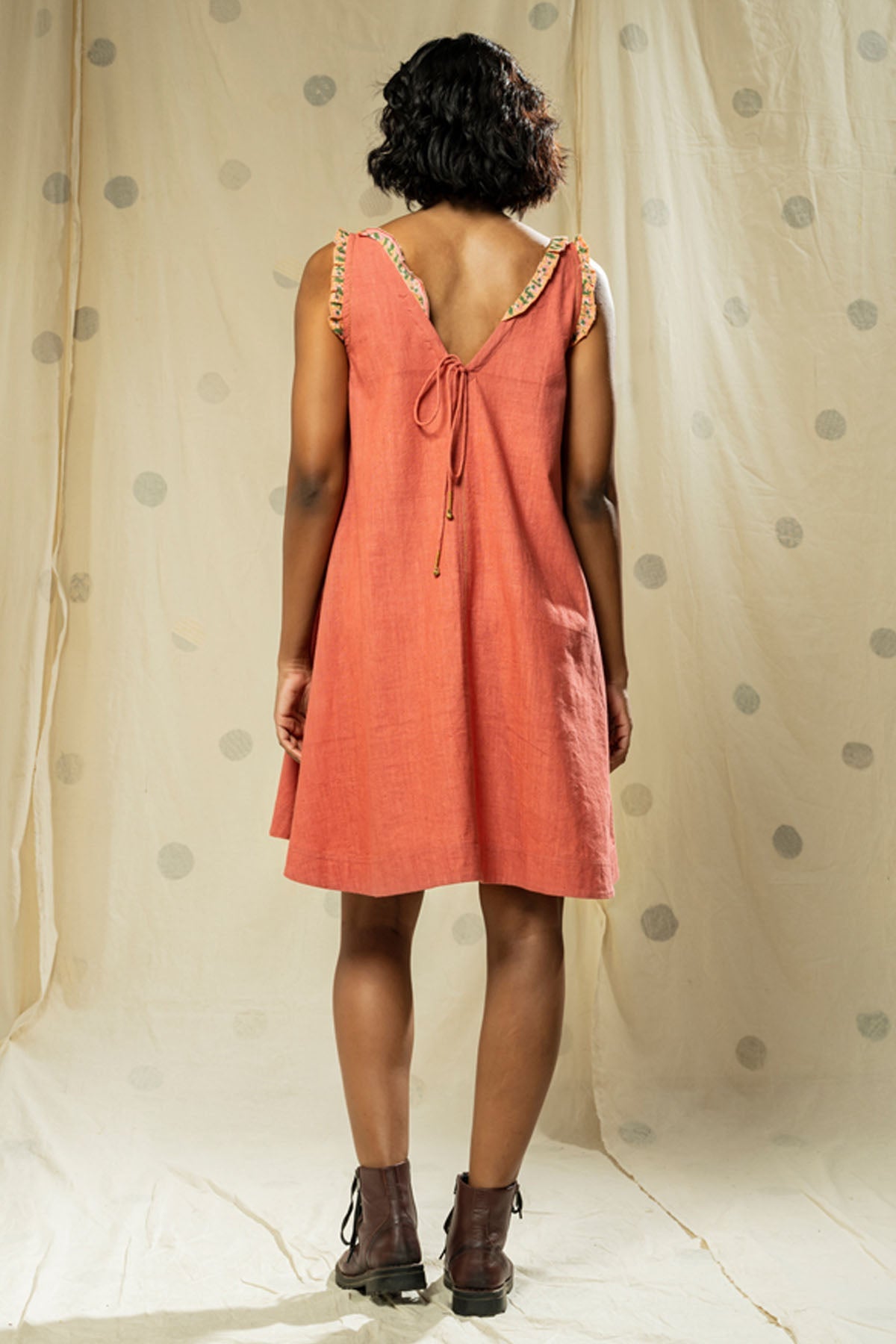 Pink handwoven Cotton V Neck Mini Dress