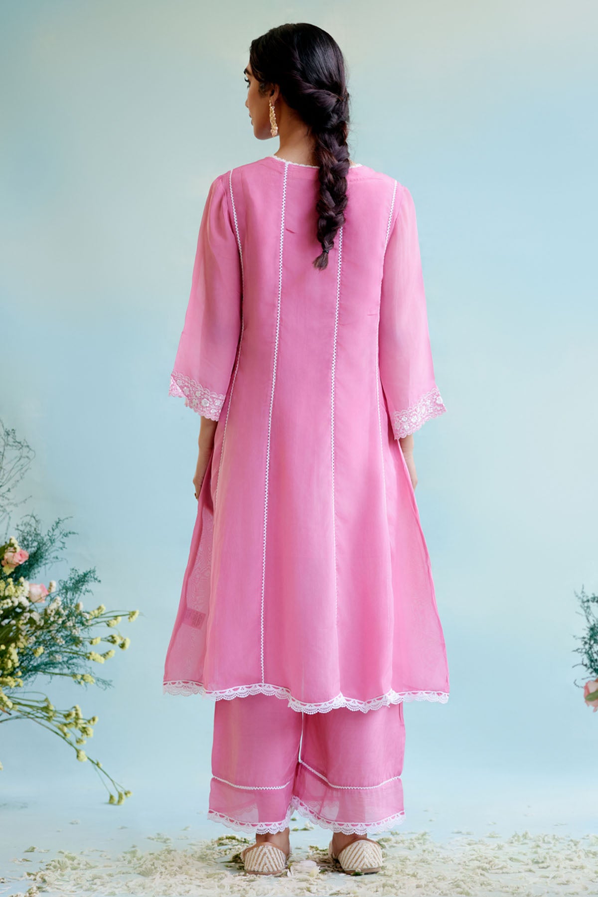 Pink Lace Embellished Kurat Set