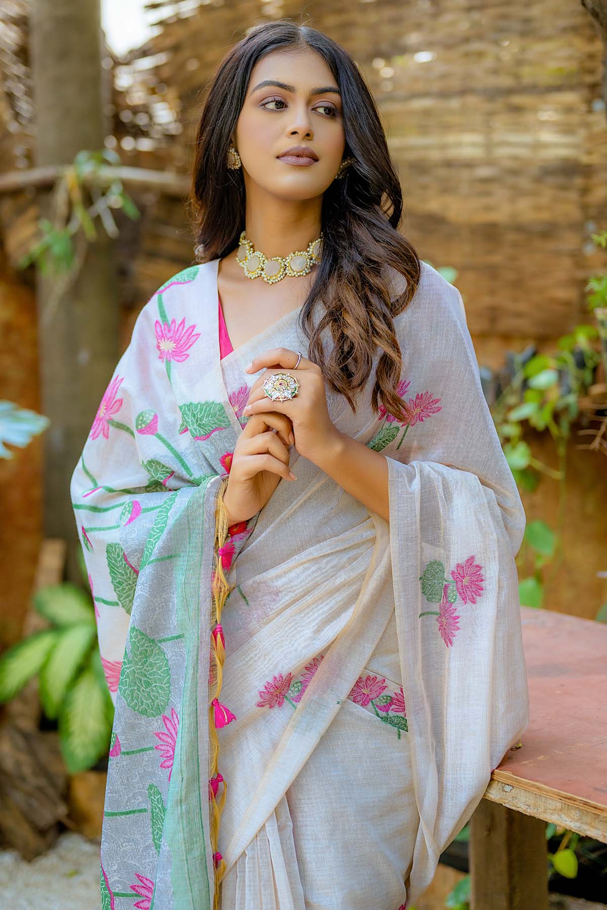 Pink Lotus Muga Cotton Saree