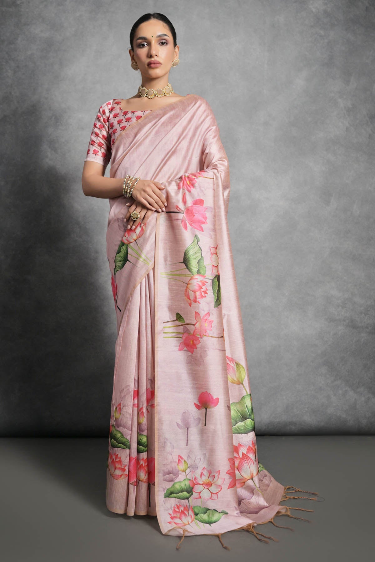 Pink Lotus Print Silk Saree