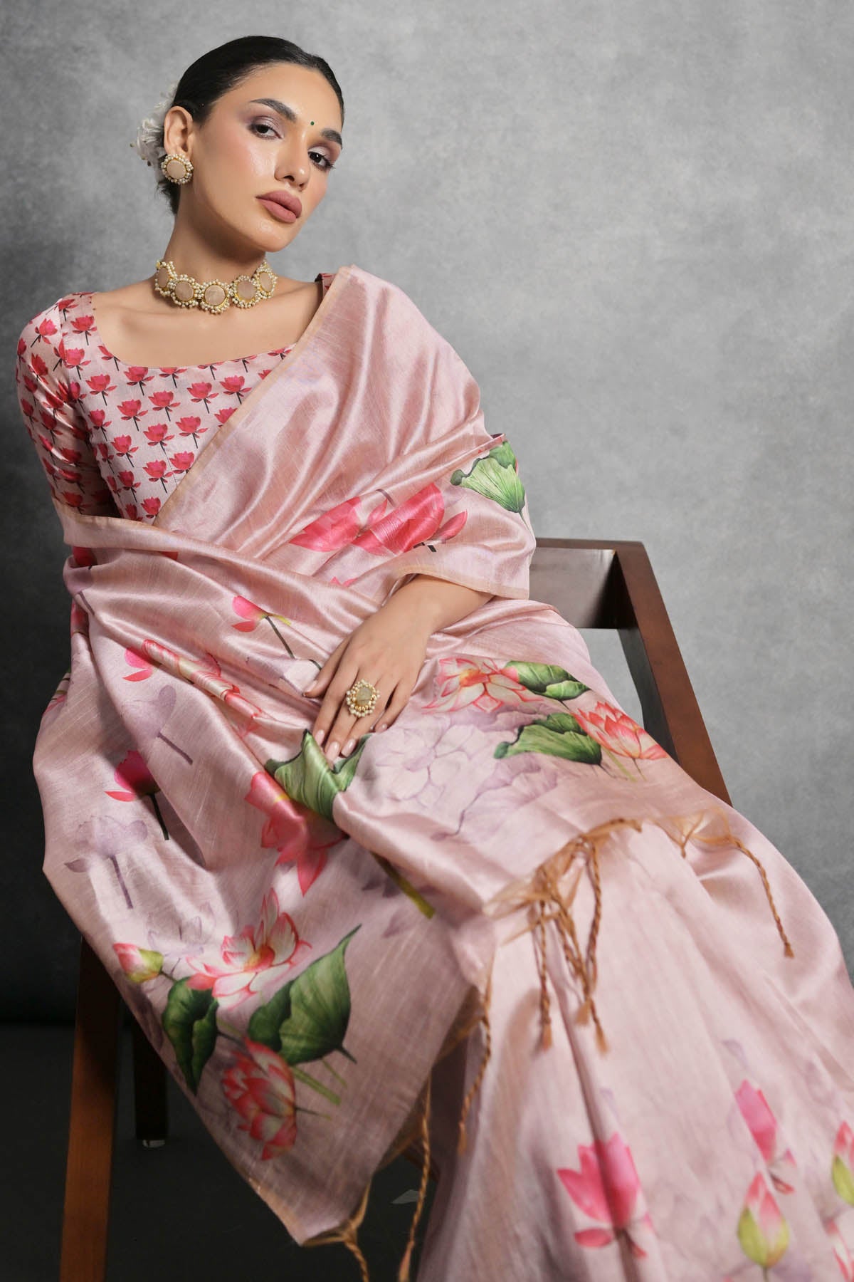 Pink Lotus Print Silk Saree
