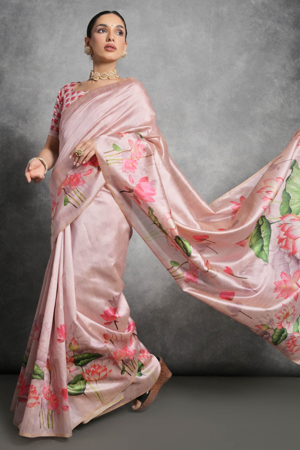 Pink Lotus Print Silk Saree