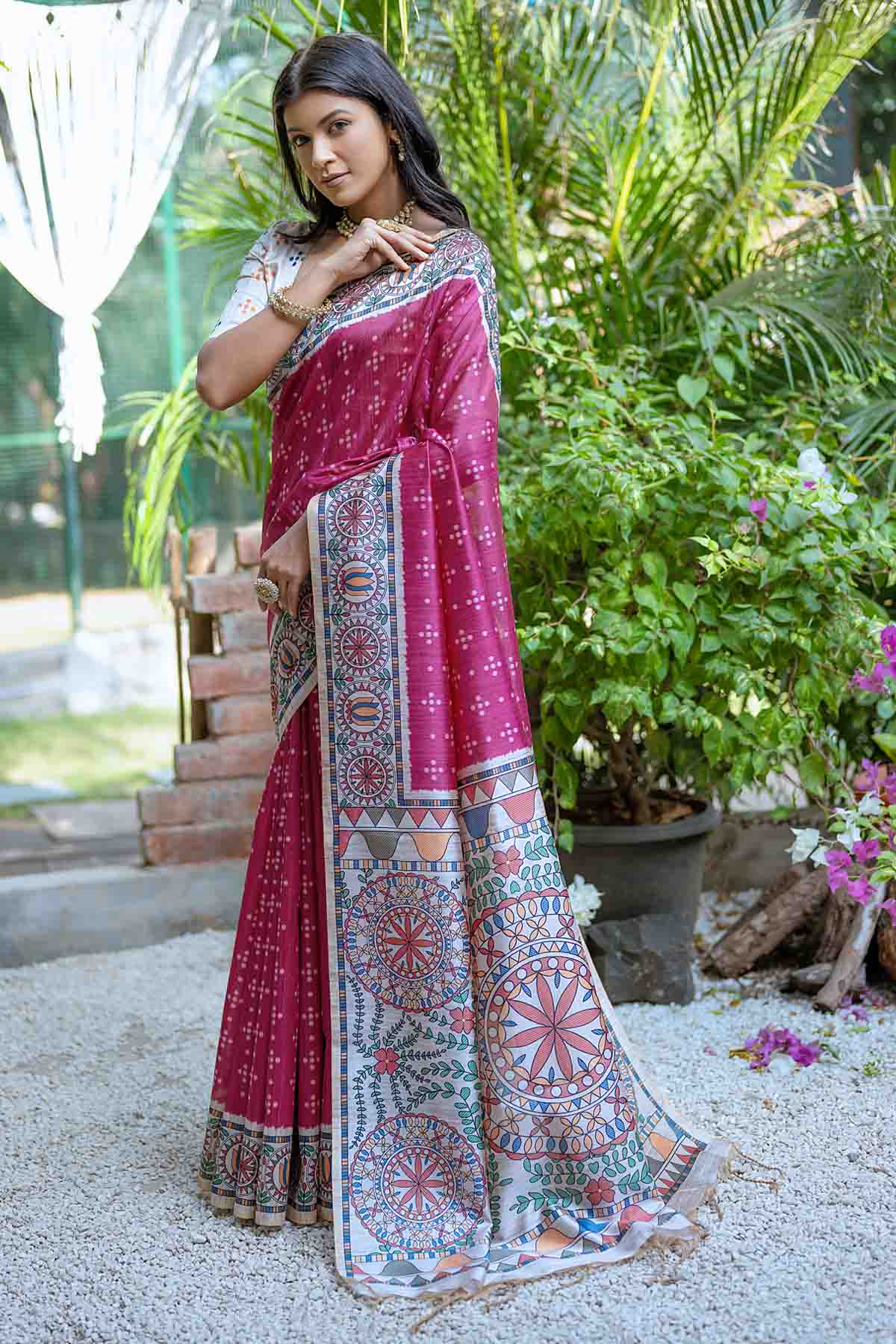 Pink Madhubani Print Saree