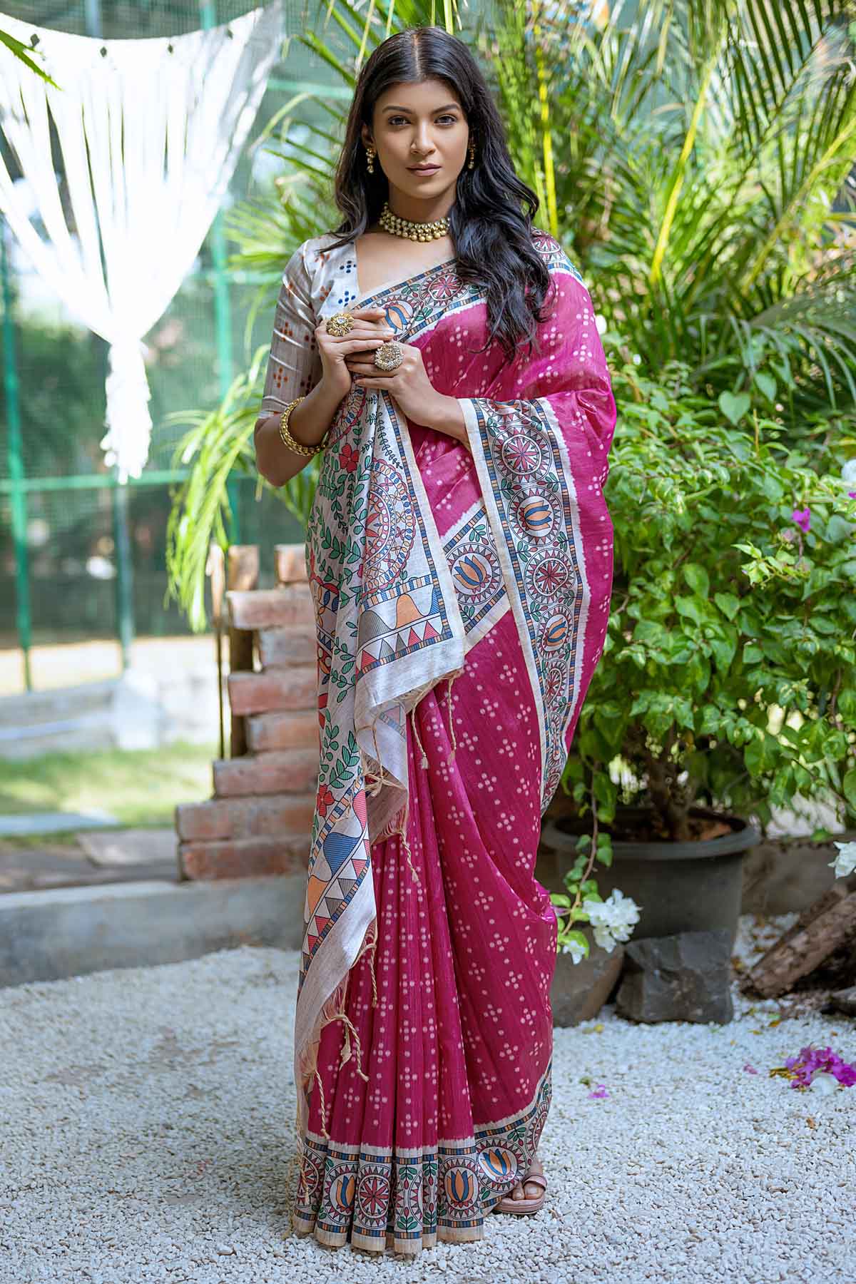 Pink Madhubani Print Saree