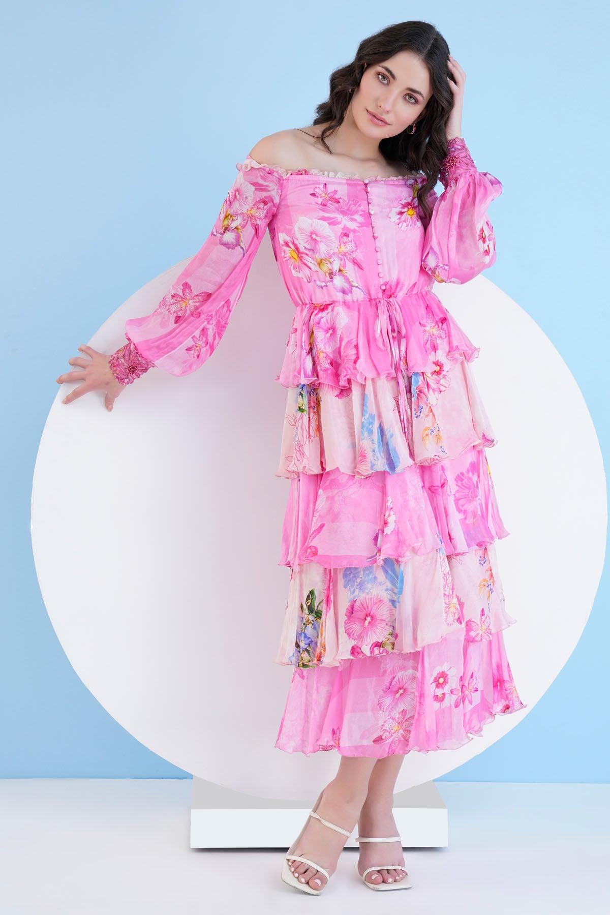 Pink Off Shoulder Tiered Dress