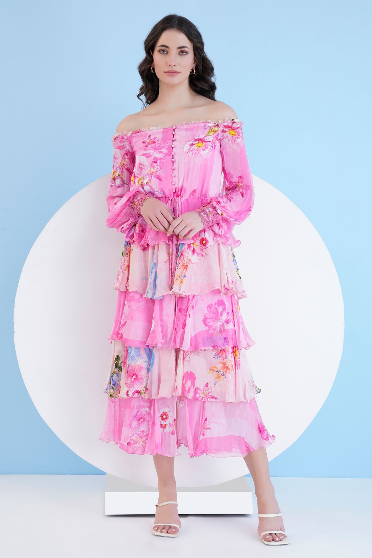 Pink Off Shoulder Tiered Dress