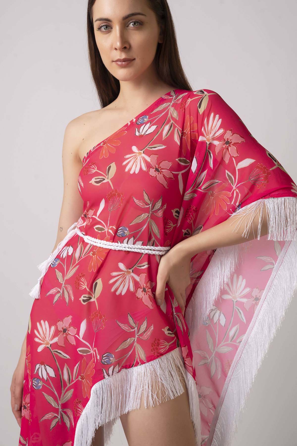 Pink One Shoulder Floral Kaftan