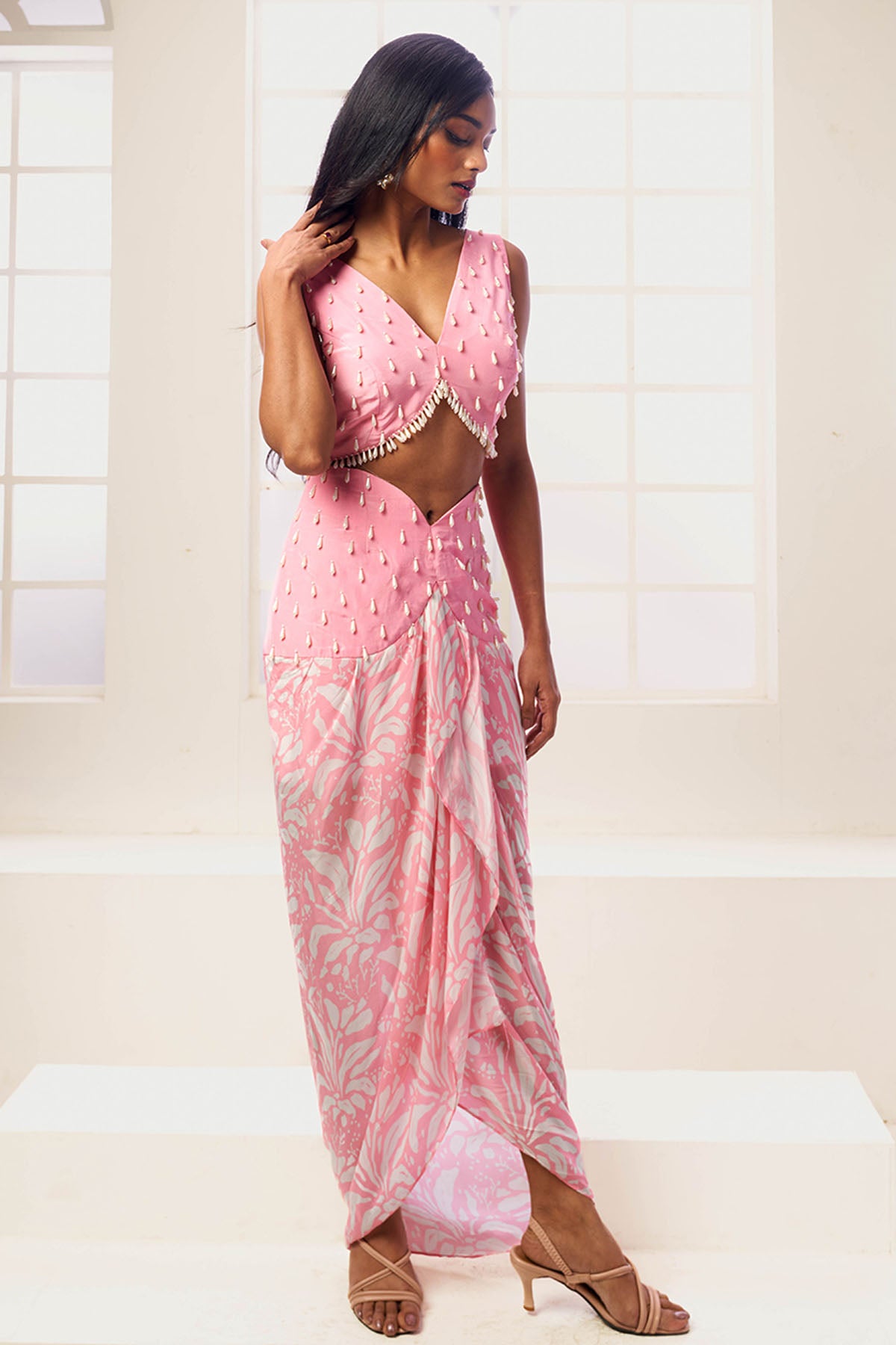 Pink Pearl Dhoti Drape Skirt Set