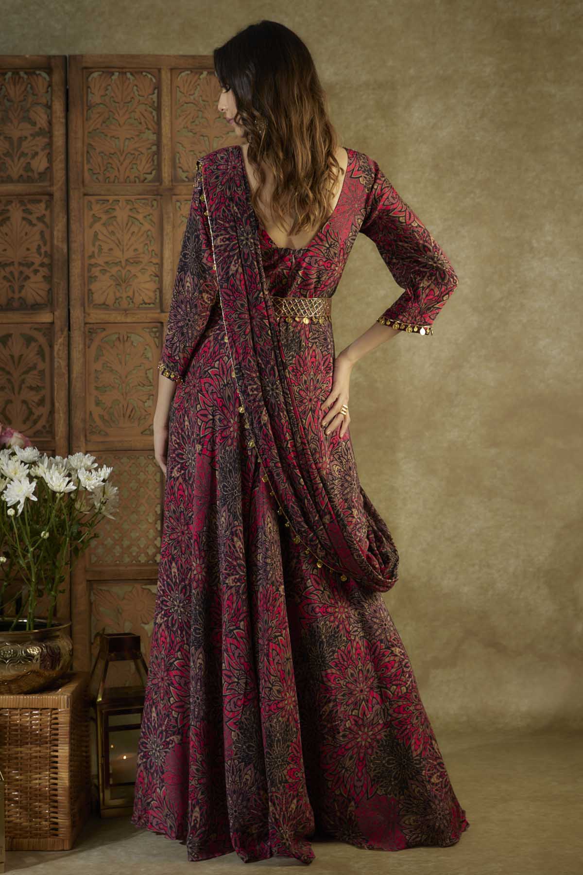 Pink Printed Embroidered Anarkali