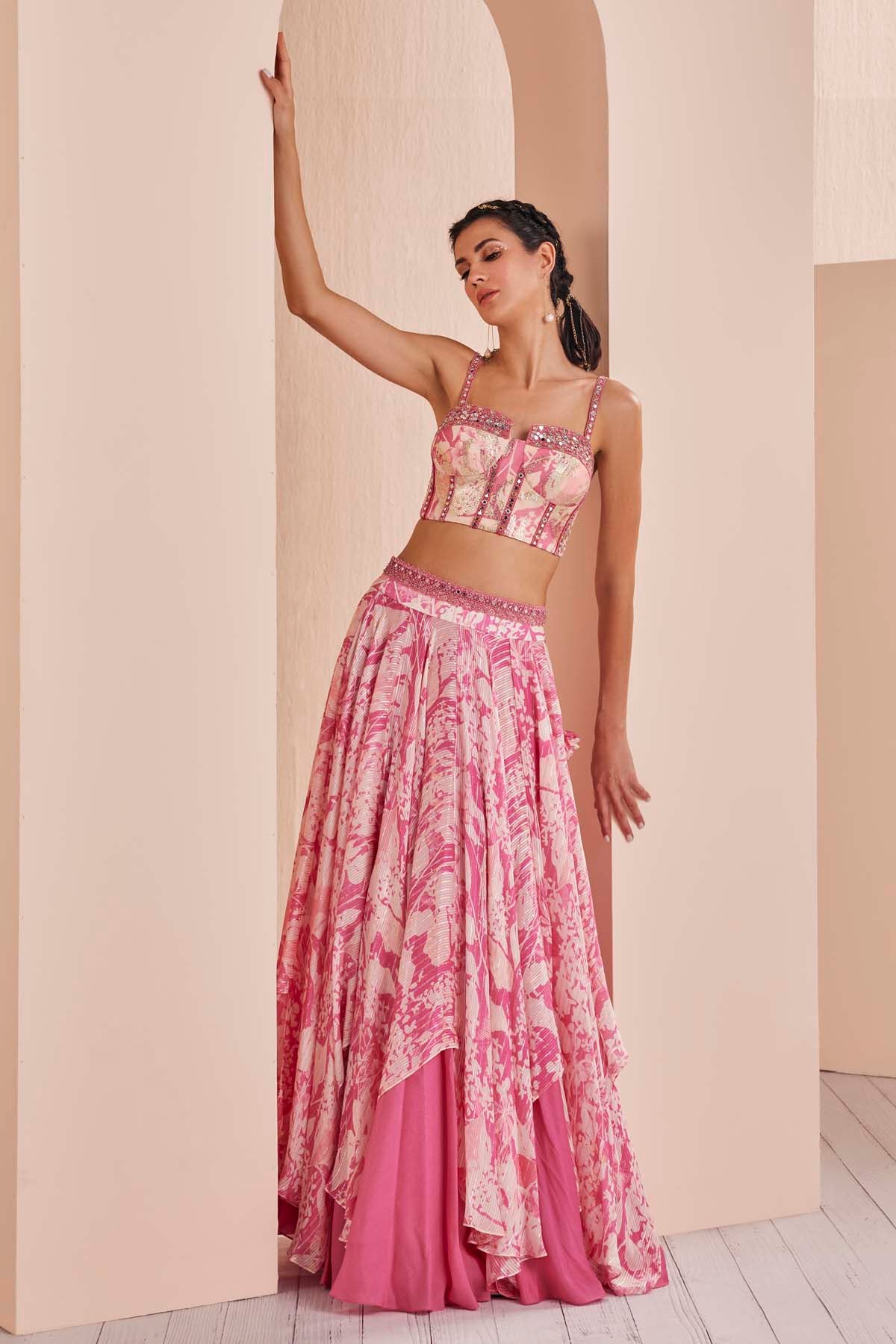 Pink Printed Layered Lehenga Set