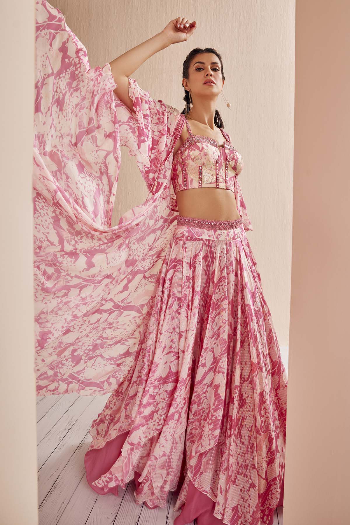 Pink Printed Layered Lehenga Set