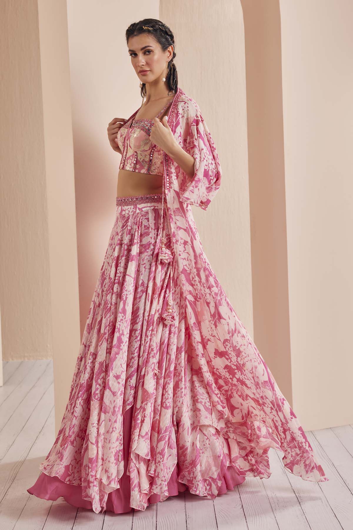 Pink Printed Layered Lehenga Set