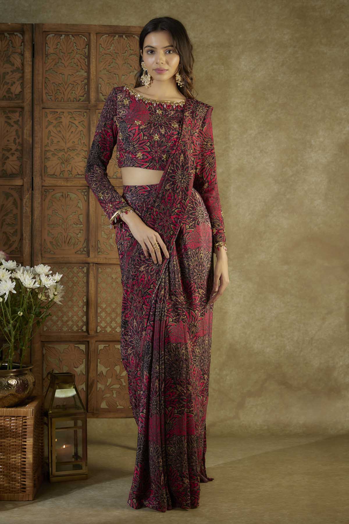 Pink Printed Pre Drape Saree Set