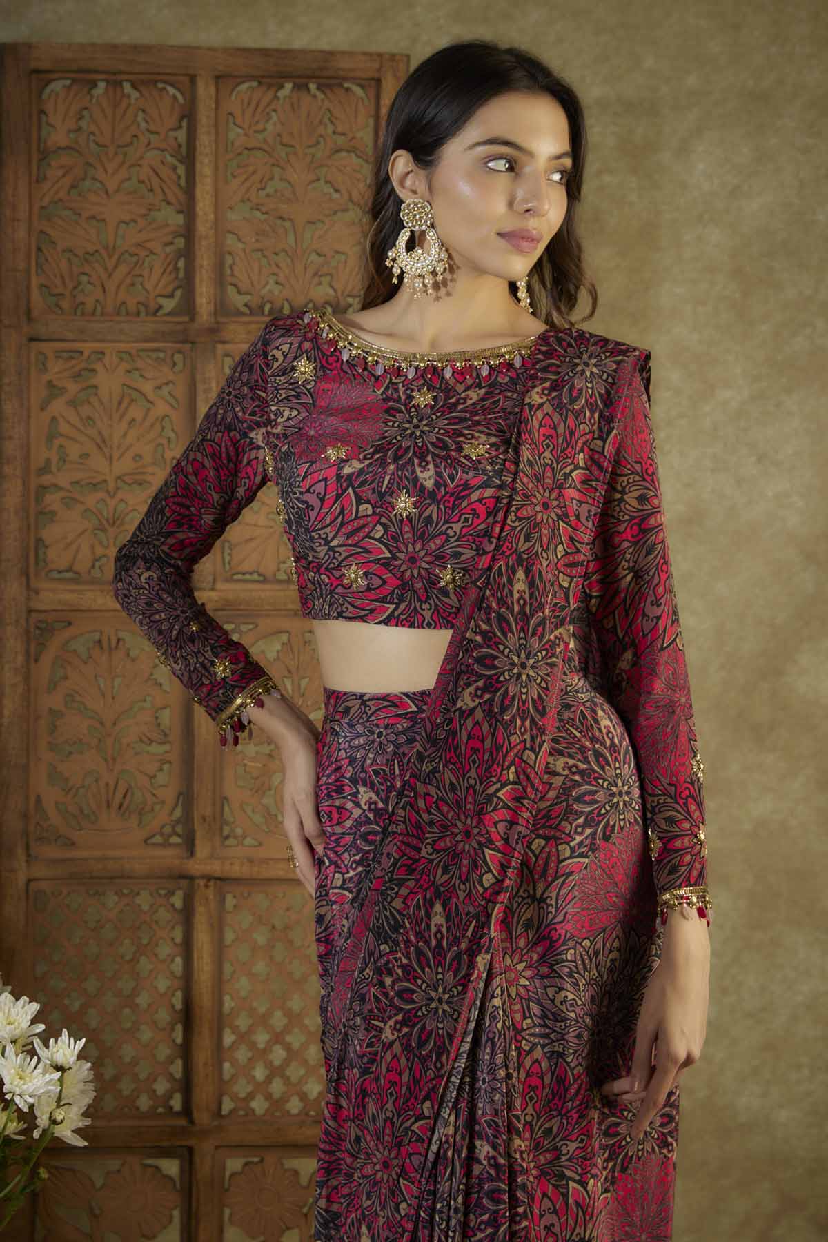 Pink Printed Pre Drape Saree Set