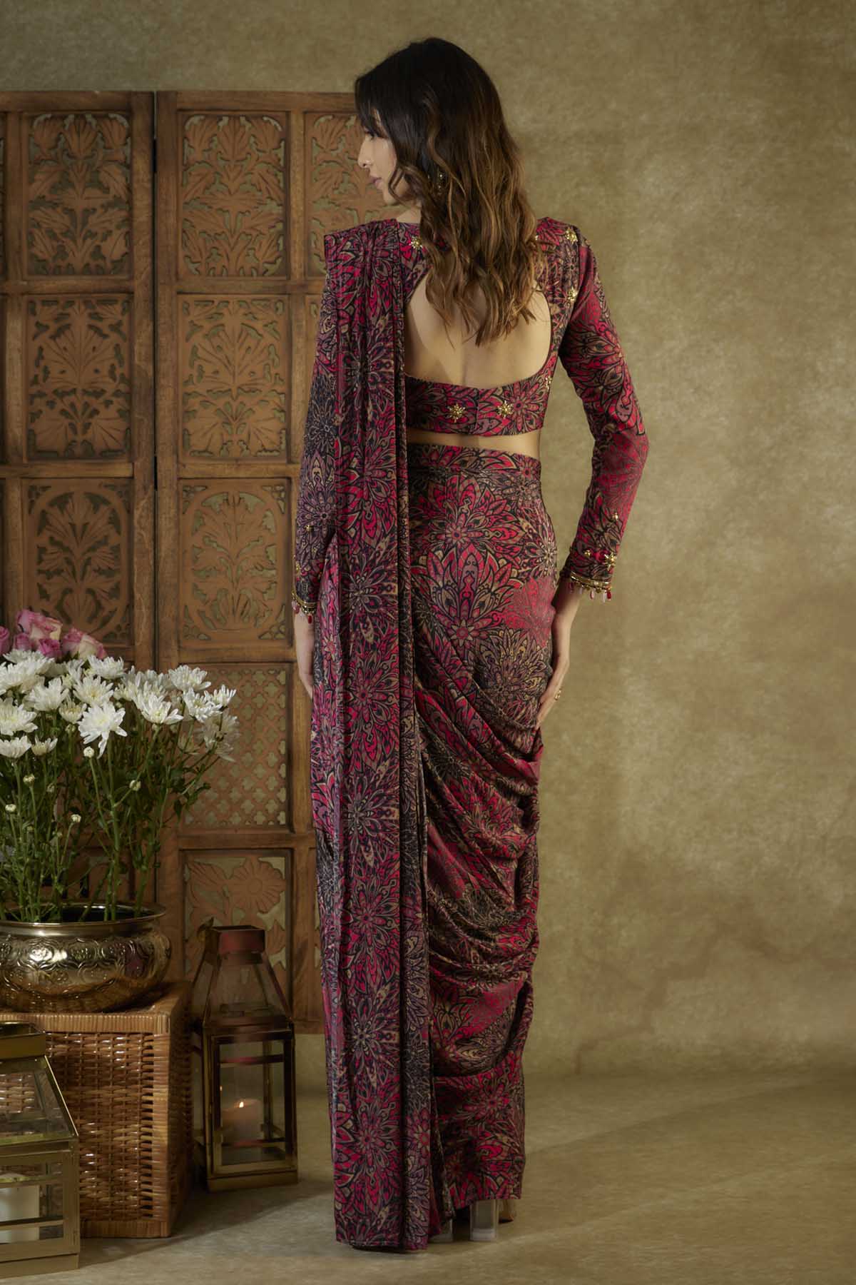 Pink Printed Pre Drape Saree Set