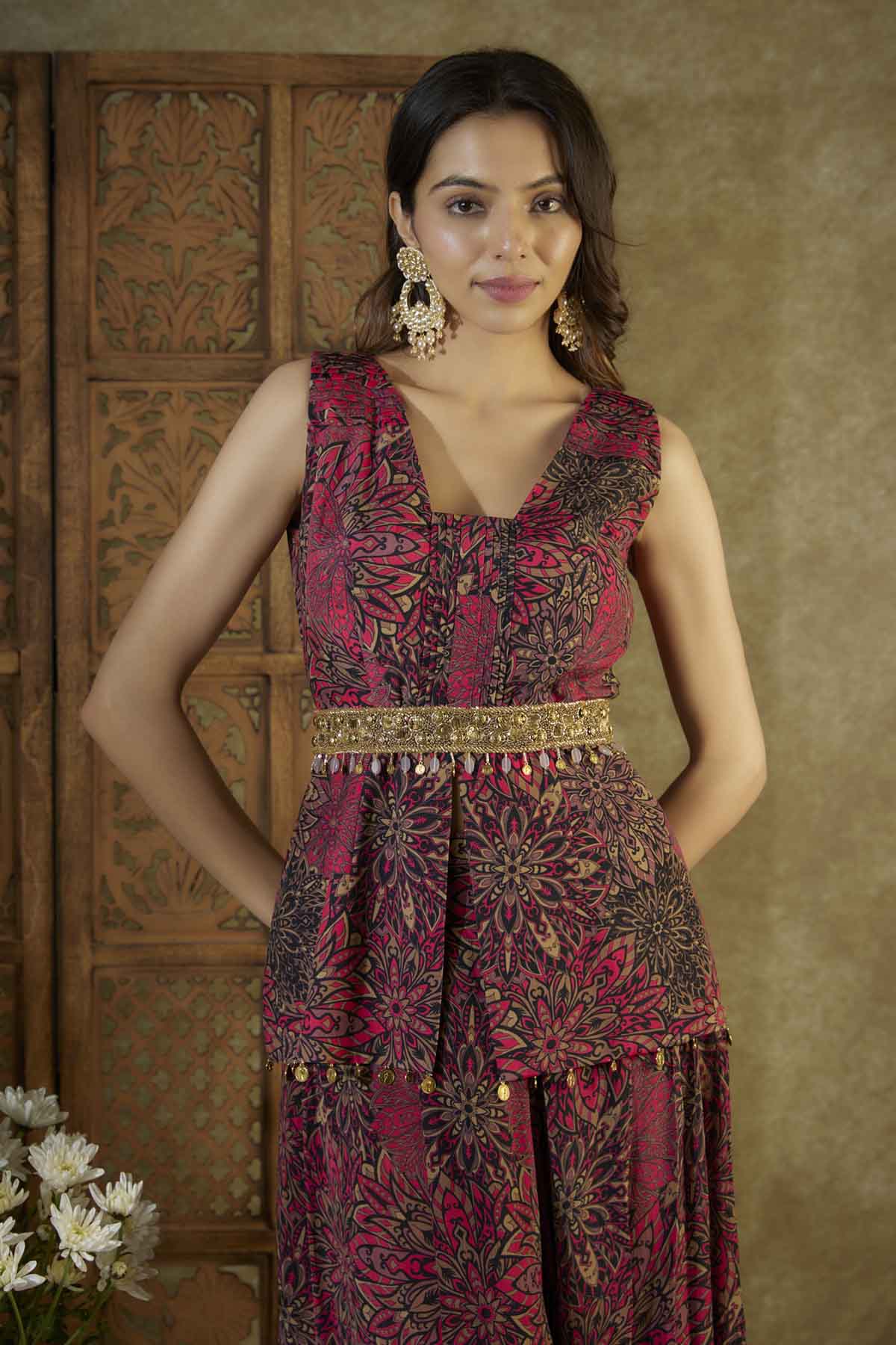 Pink Printed Top & Pleated Dhoti