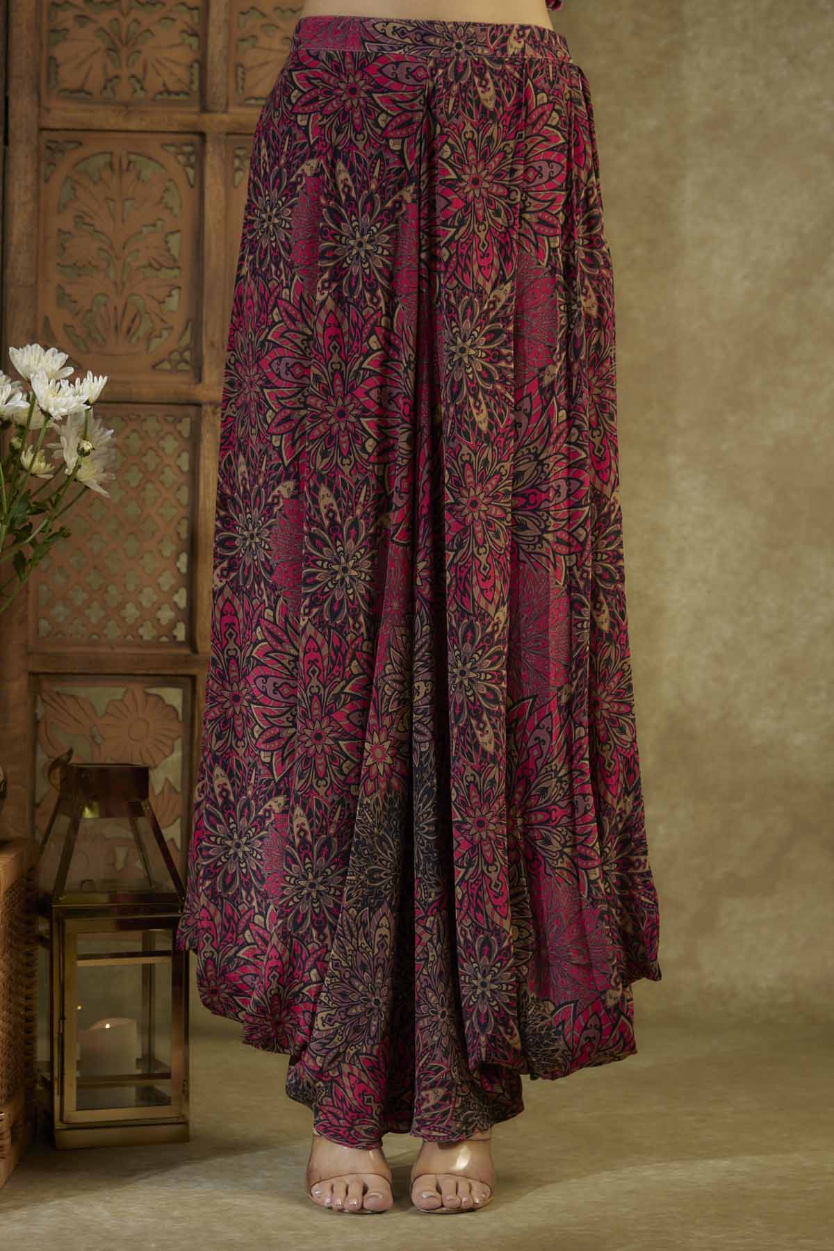 Pink Printed Top & Pleated Dhoti