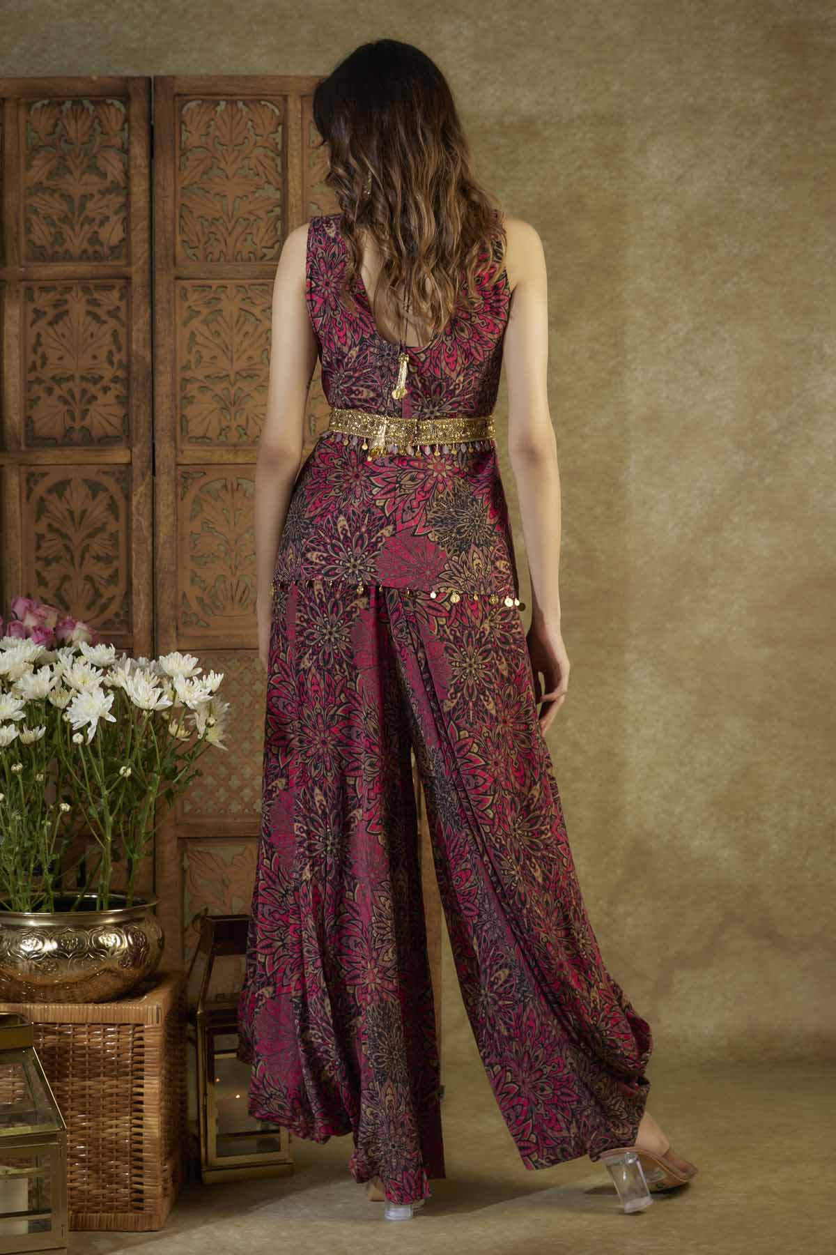 Pink Printed Top & Pleated Dhoti