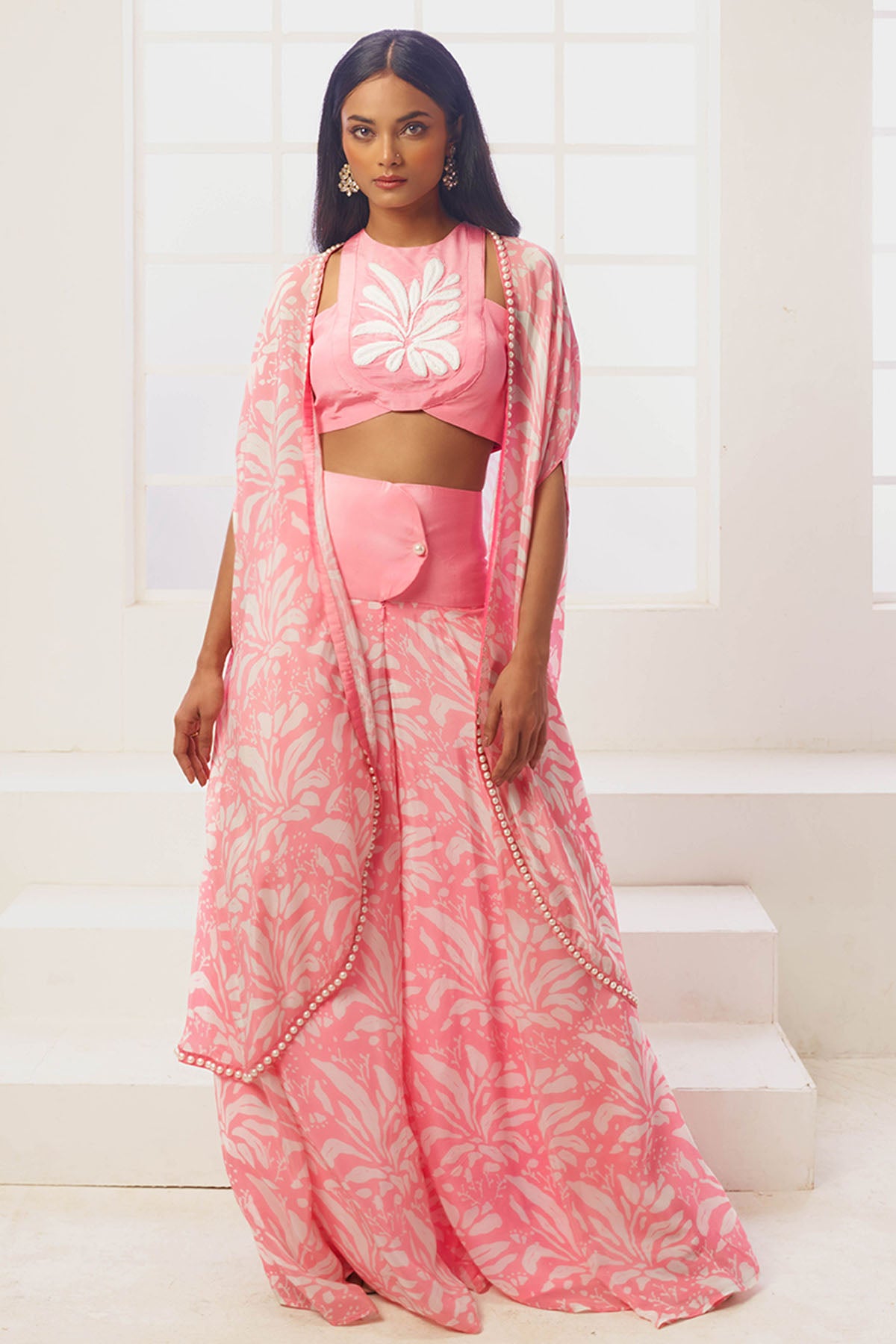 Pink Printed Top, Shrug & Pants