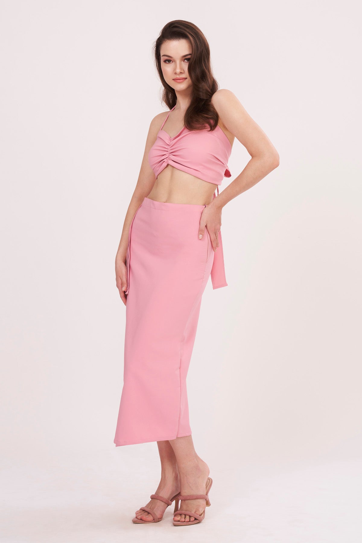Pink Ruched Top & Skirt Set