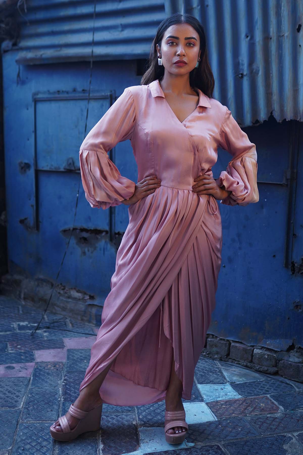 Pink Satin Silk Overlapping Dress