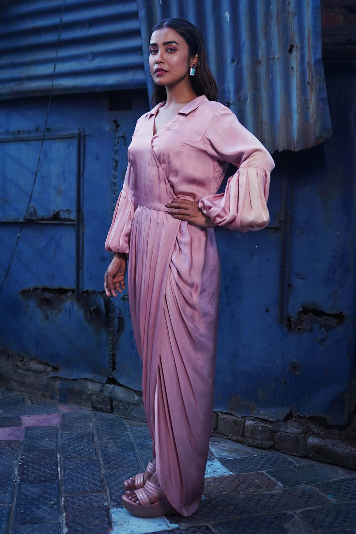 Pink Satin Silk Overlapping Dress