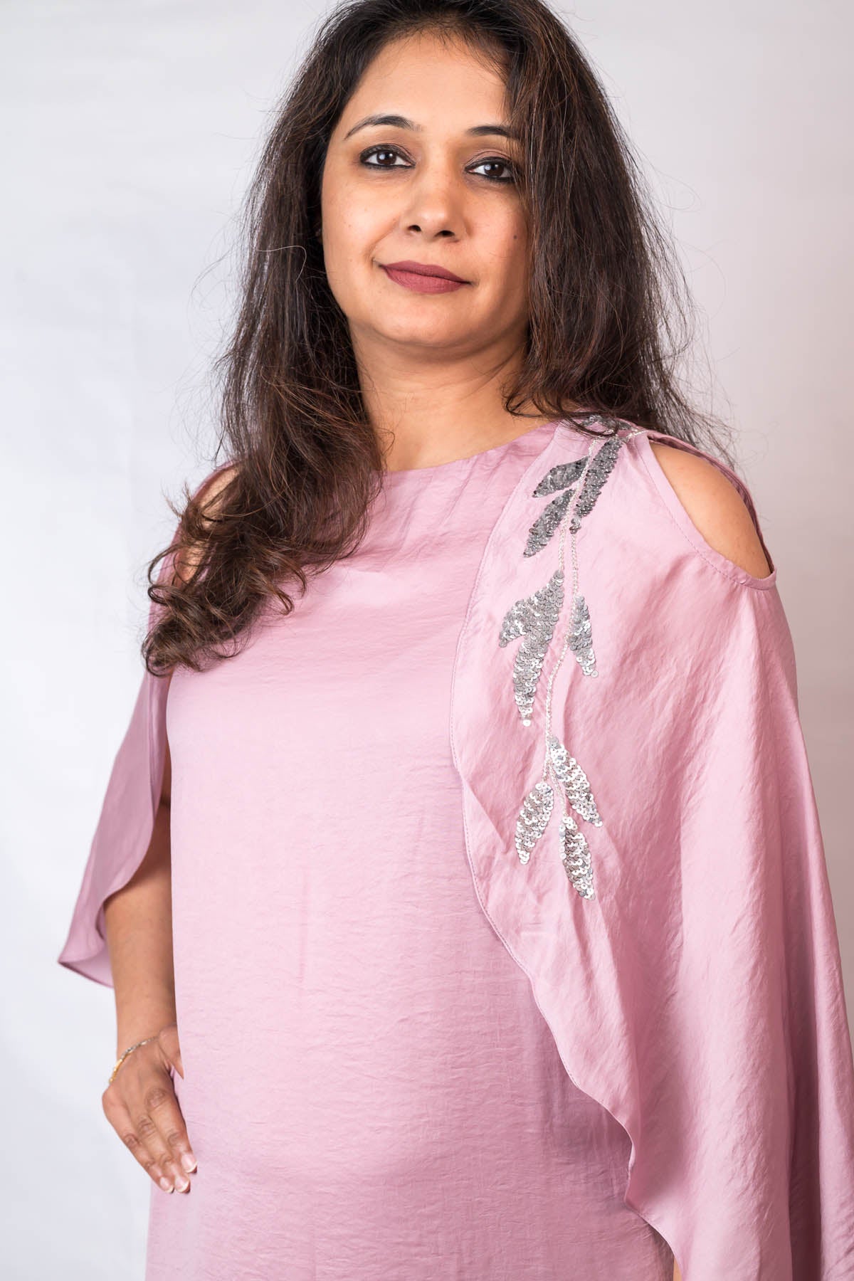 Pink Silk Cold Shoulder Dress