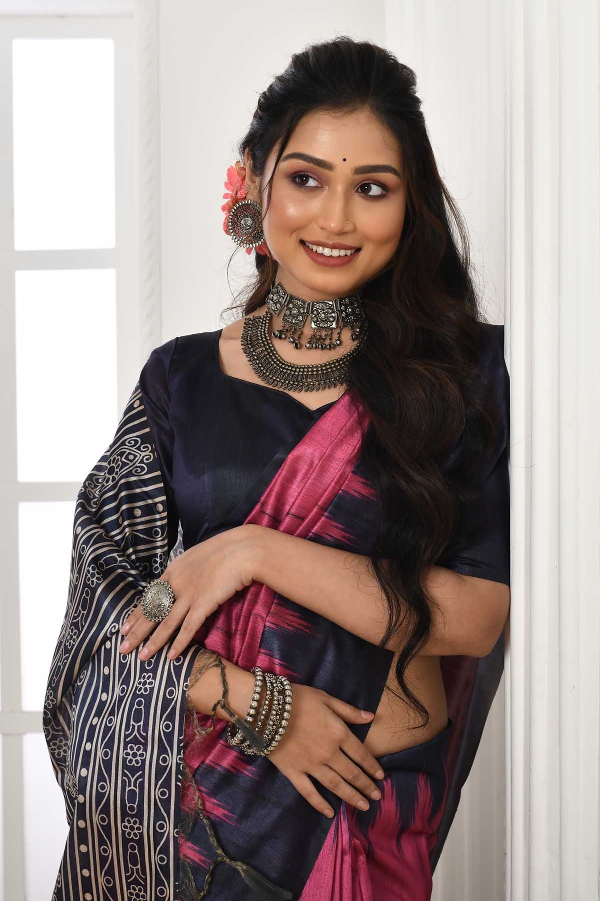 Pink Tussar Silk ikkat Print Saree